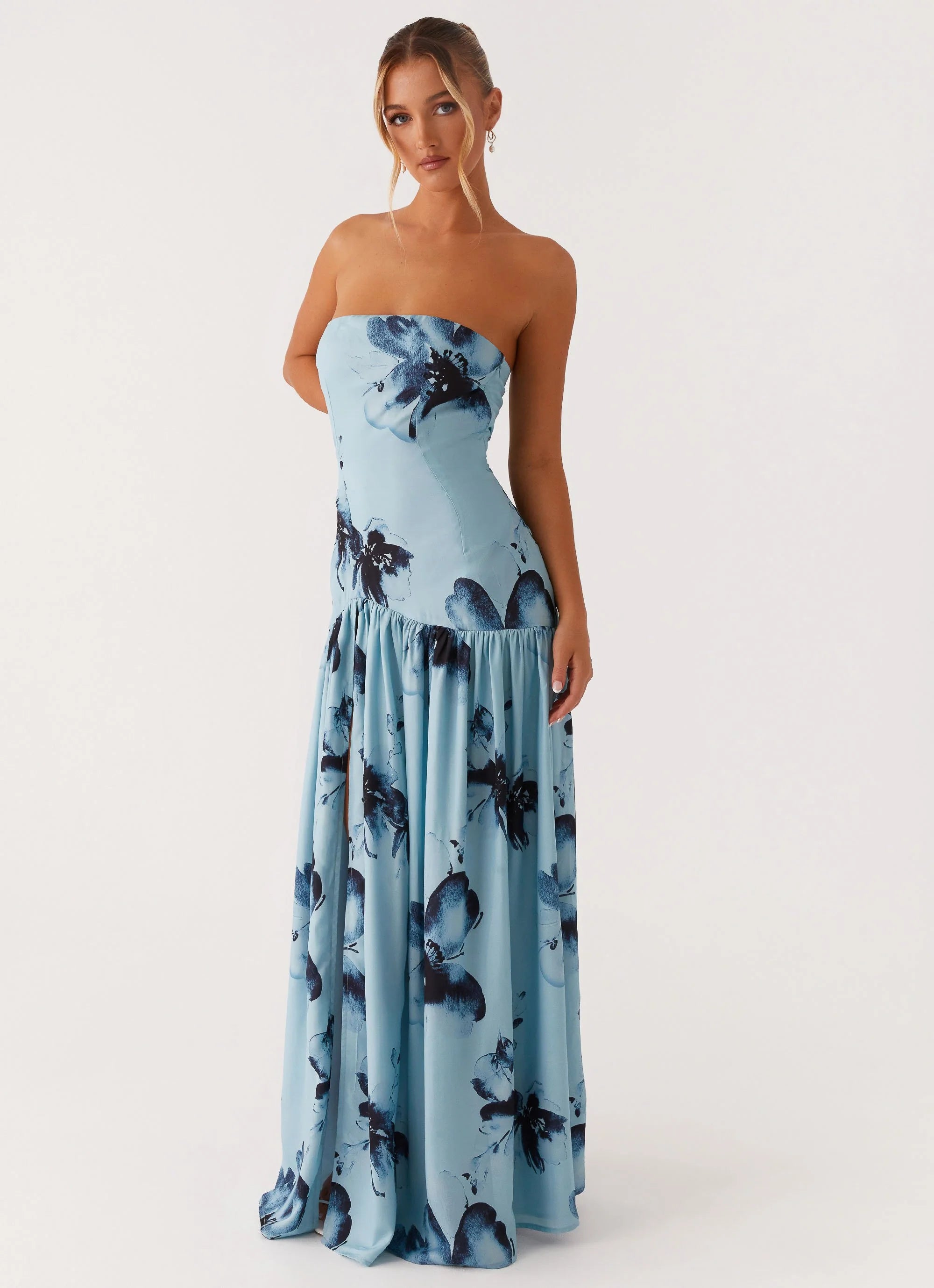 Eden Strapless Maxi Dress - Blue Black Floral