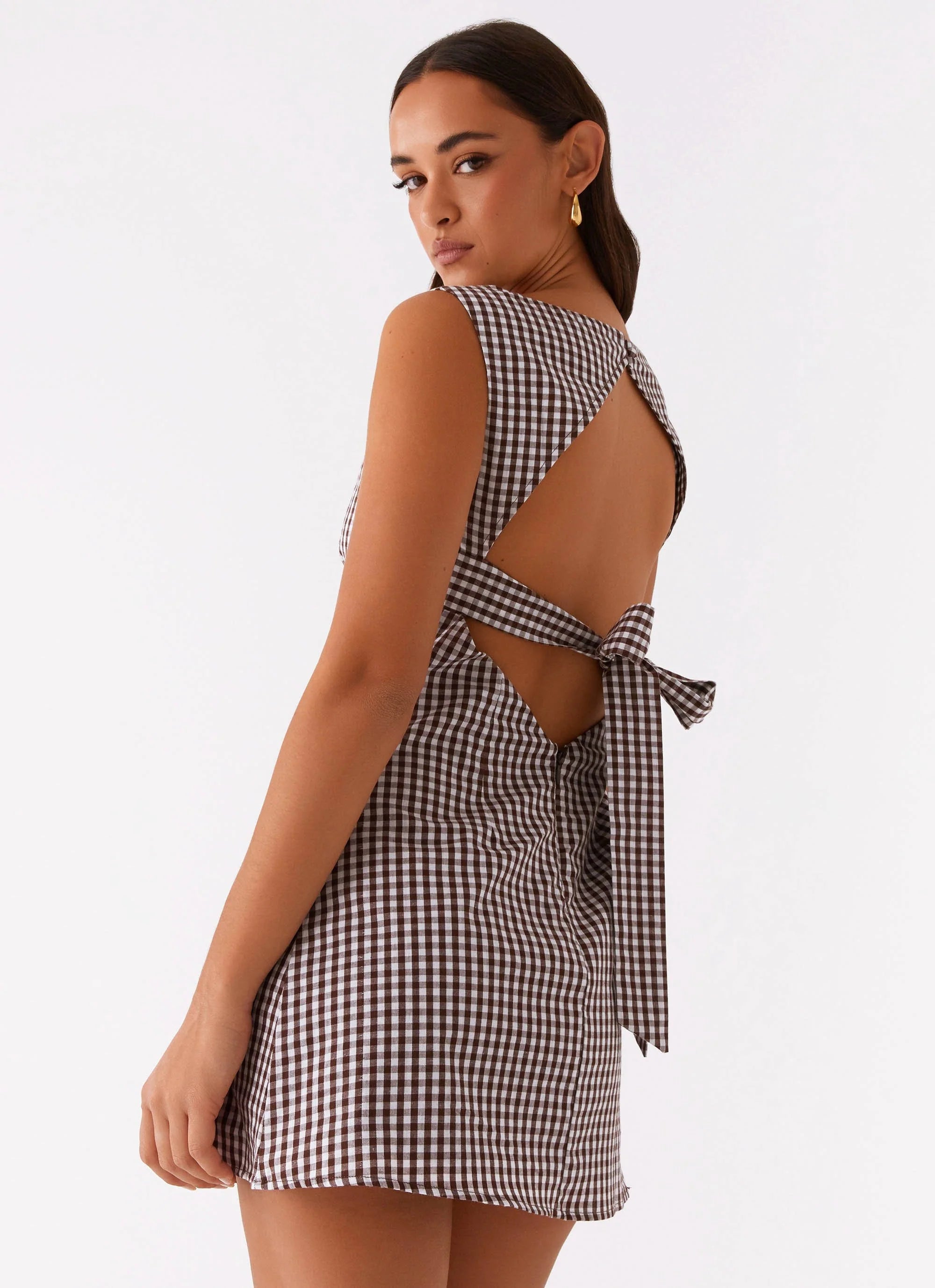 Lotus Tie Back Mini Dress - Chocolate Gingham