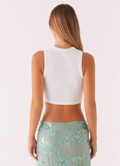 Signature Cropped Beaded Monogram Top - White