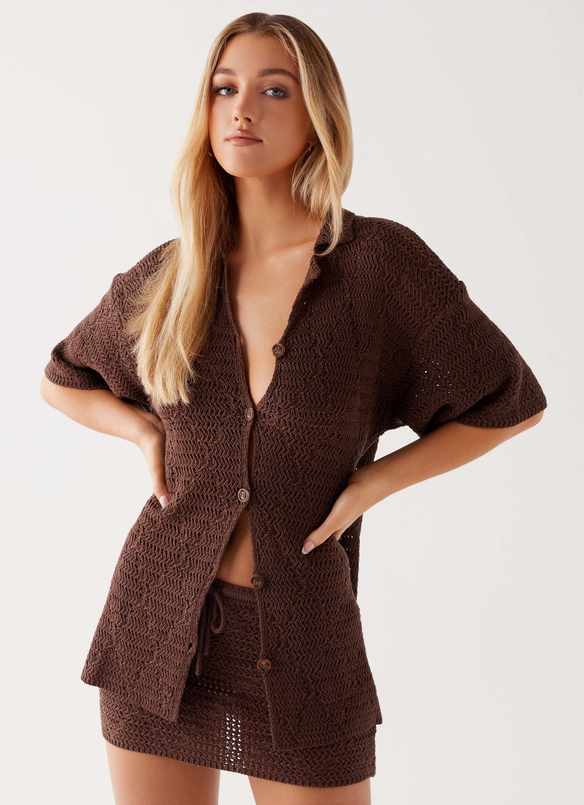 Nylah Oversized Crochet Shirt - Chocolate