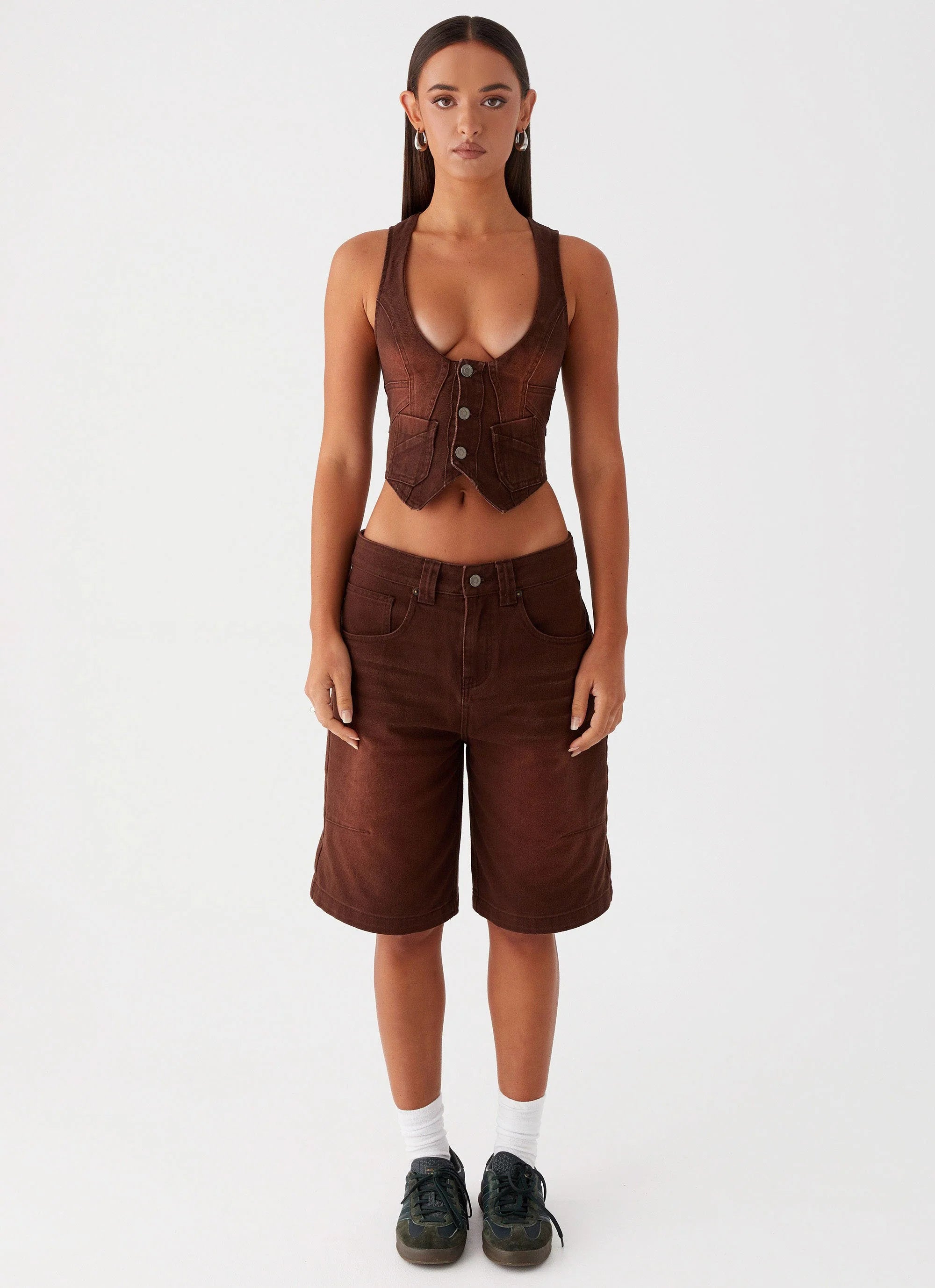 Heading South Denim Jorts - Brown