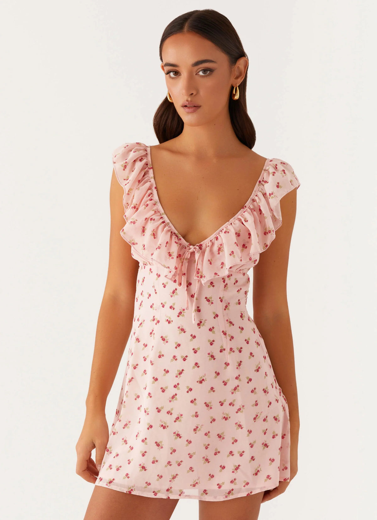 Adrina Ruffle Mini Dress - Pink Flower