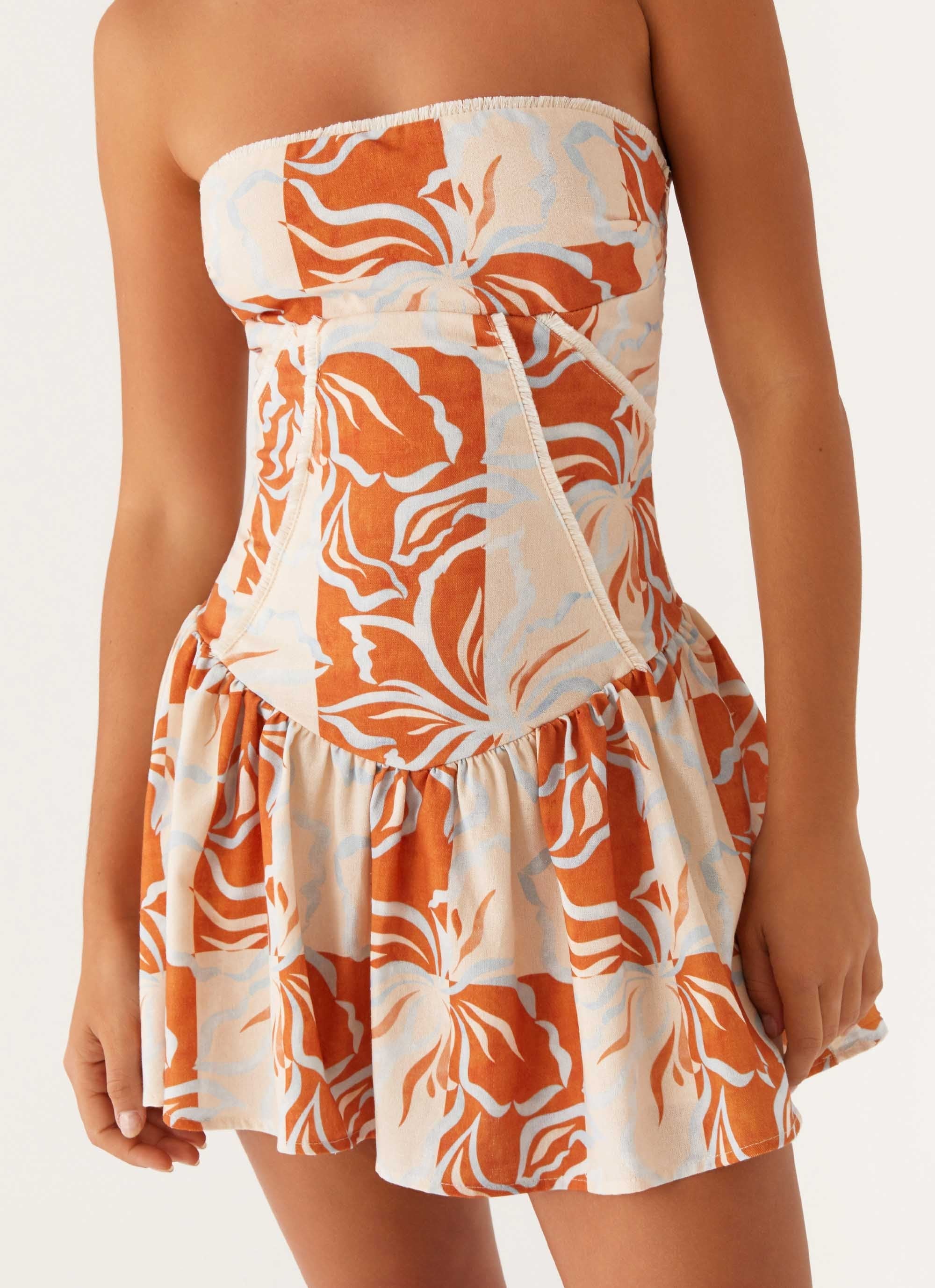 Larnie Linen Mini Dress - Orange Blue Floral