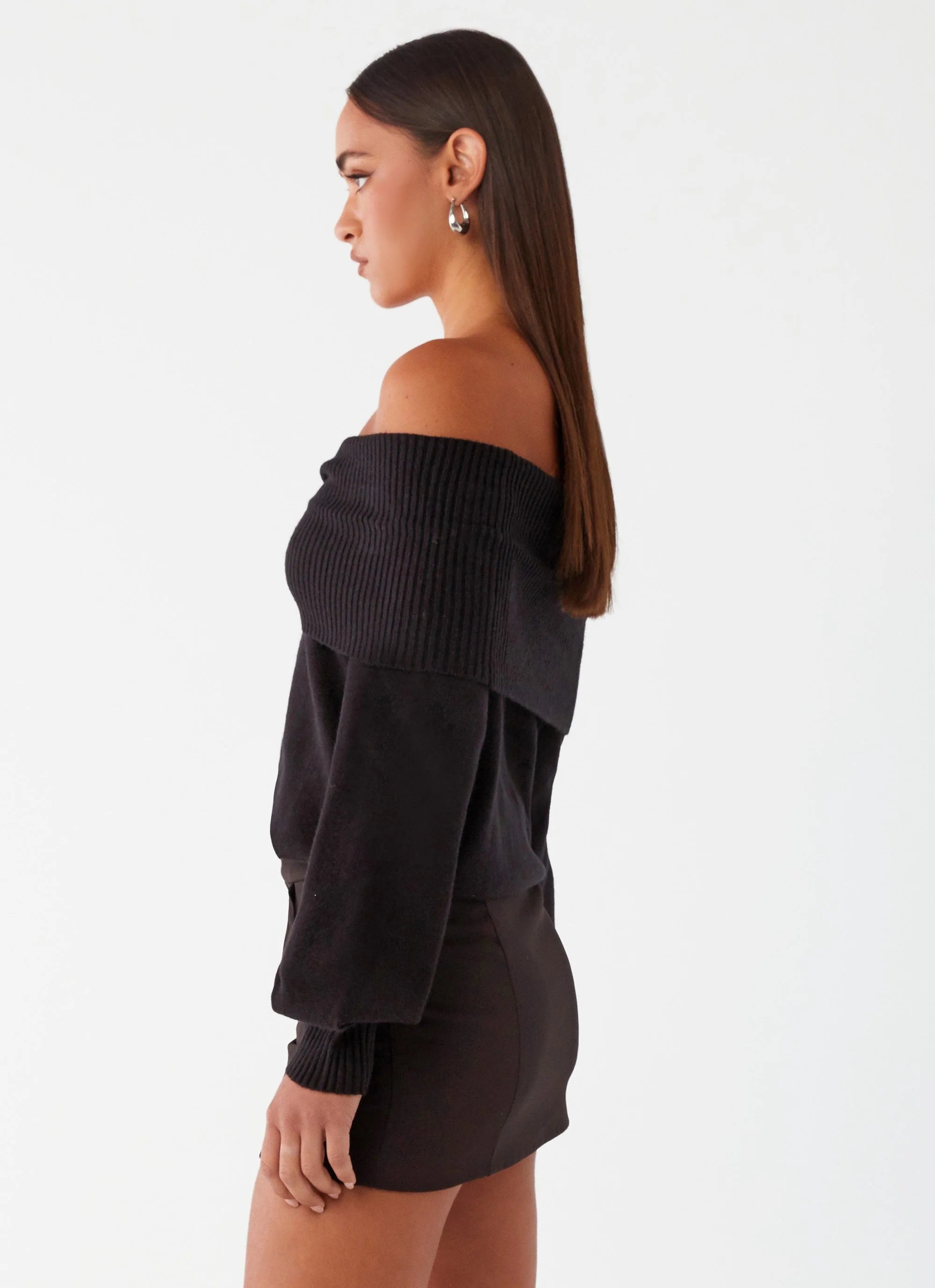 Buckle Up Oversized Bardot Knit Sweater - Black