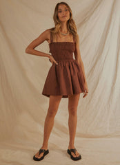 European Towns Linen Mini Dress - Choc Brown