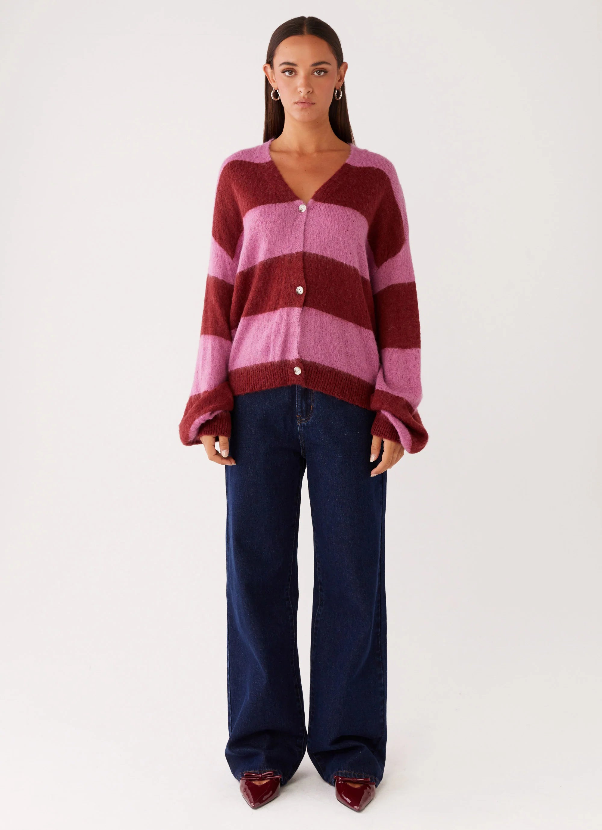 Ainslee Oversized Knit Cardigan - Red Pink Stripe