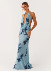 Elysia Mesh Maxi Dress - Blue Black Floral