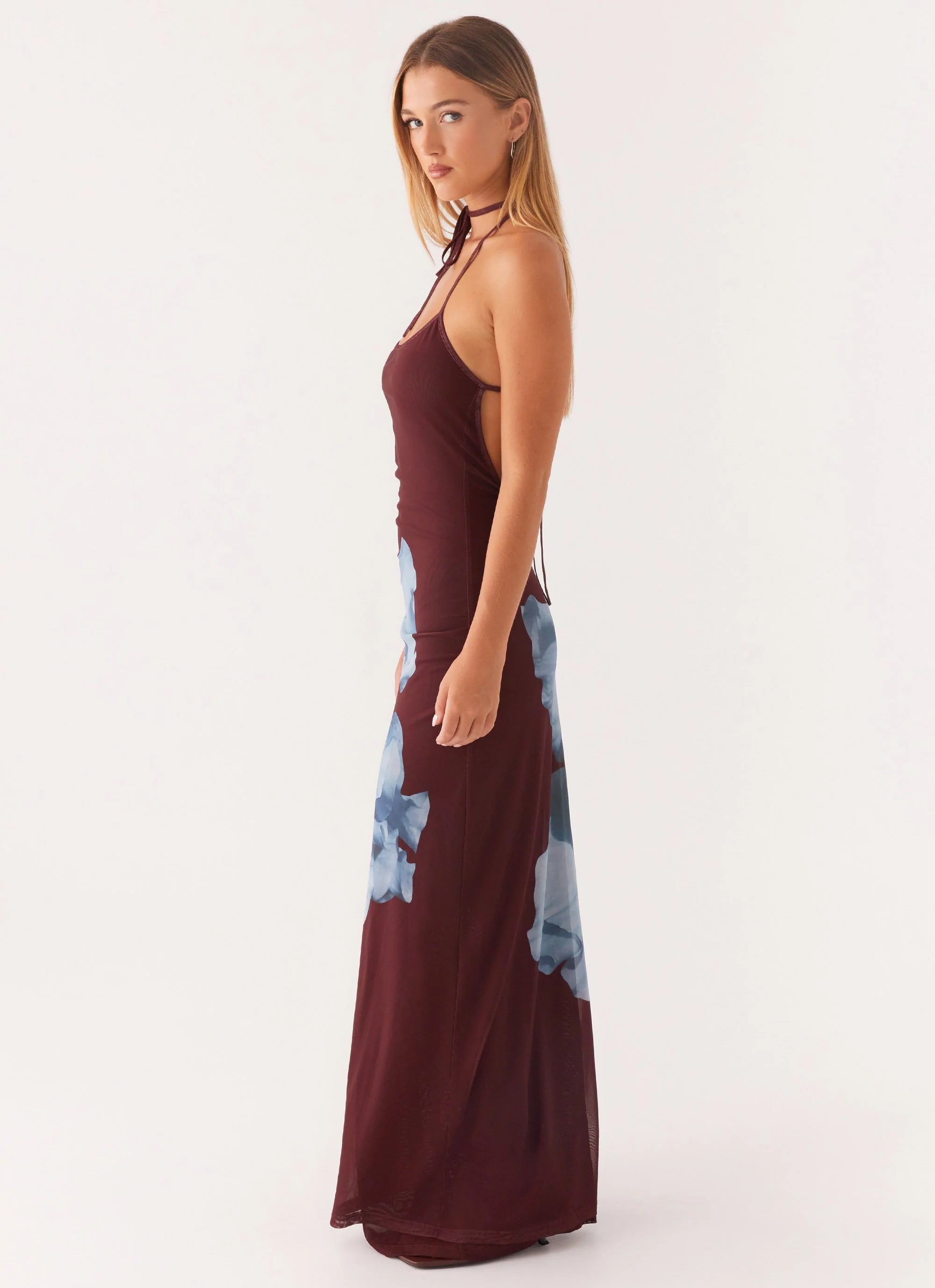 Dayana Halterneck Maxi Dress - Maroon Print