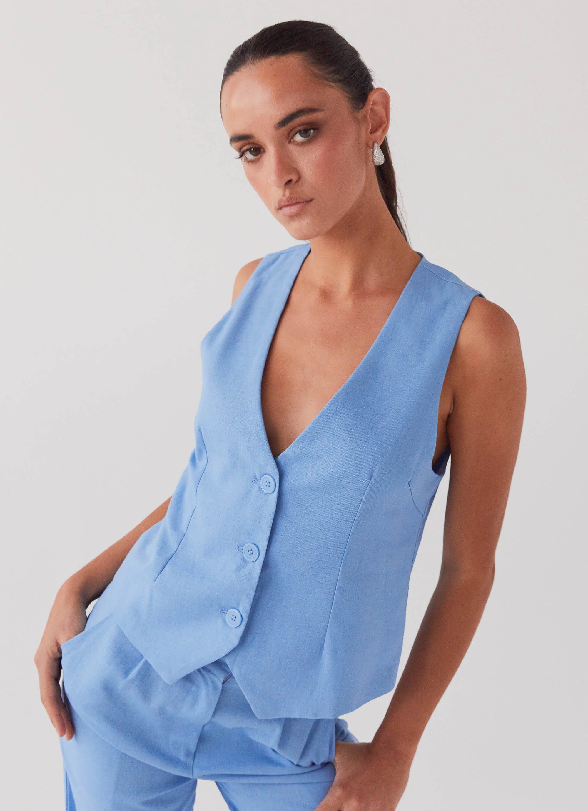 Cloud Dancer Linen Vest Top - Sea Breeze