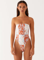 Maxine Strapless One Piece Swimsuit - Orange Blue Floral