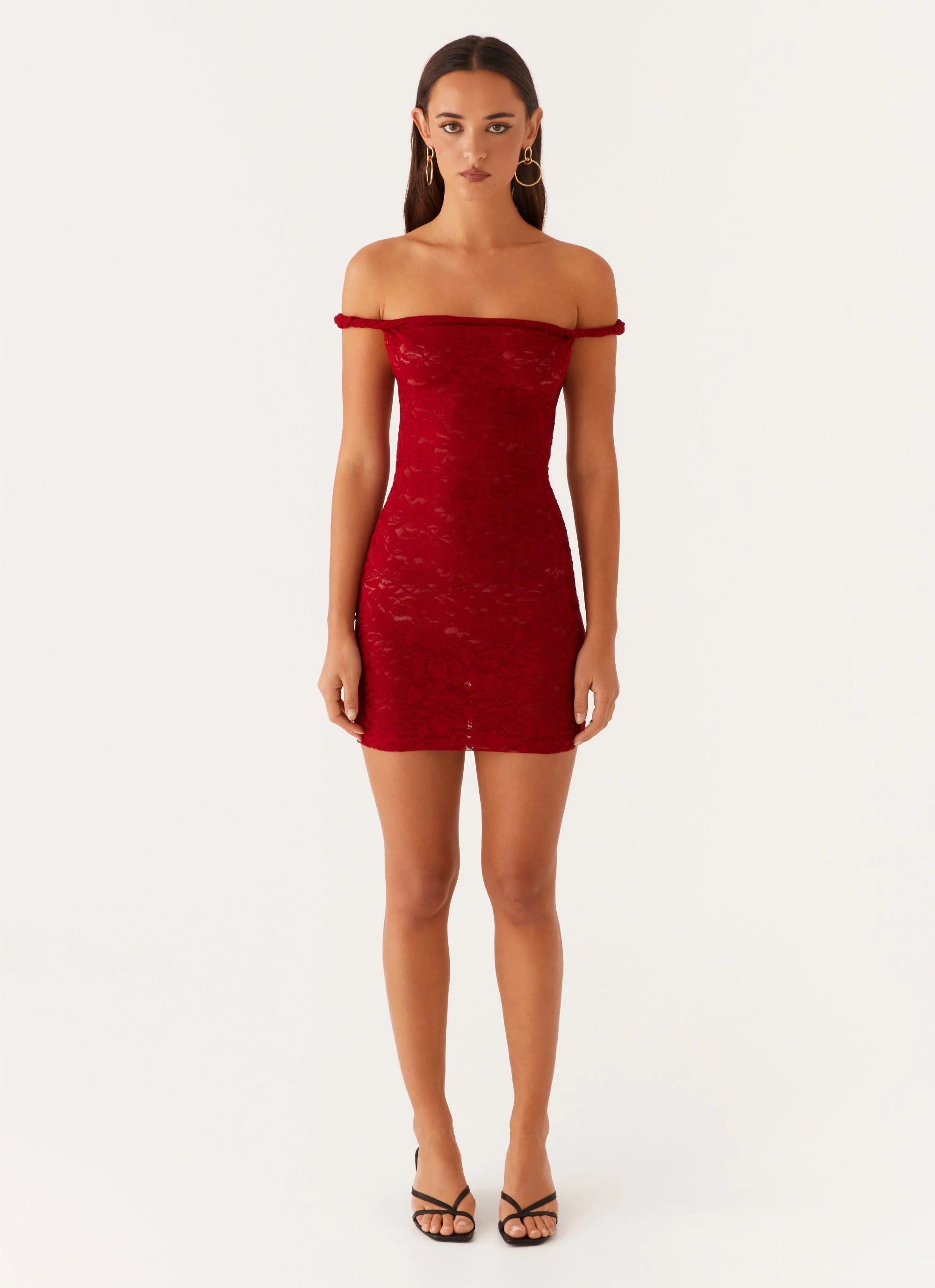 Arabella Lace Twist Shoulder Mini Dress - Red