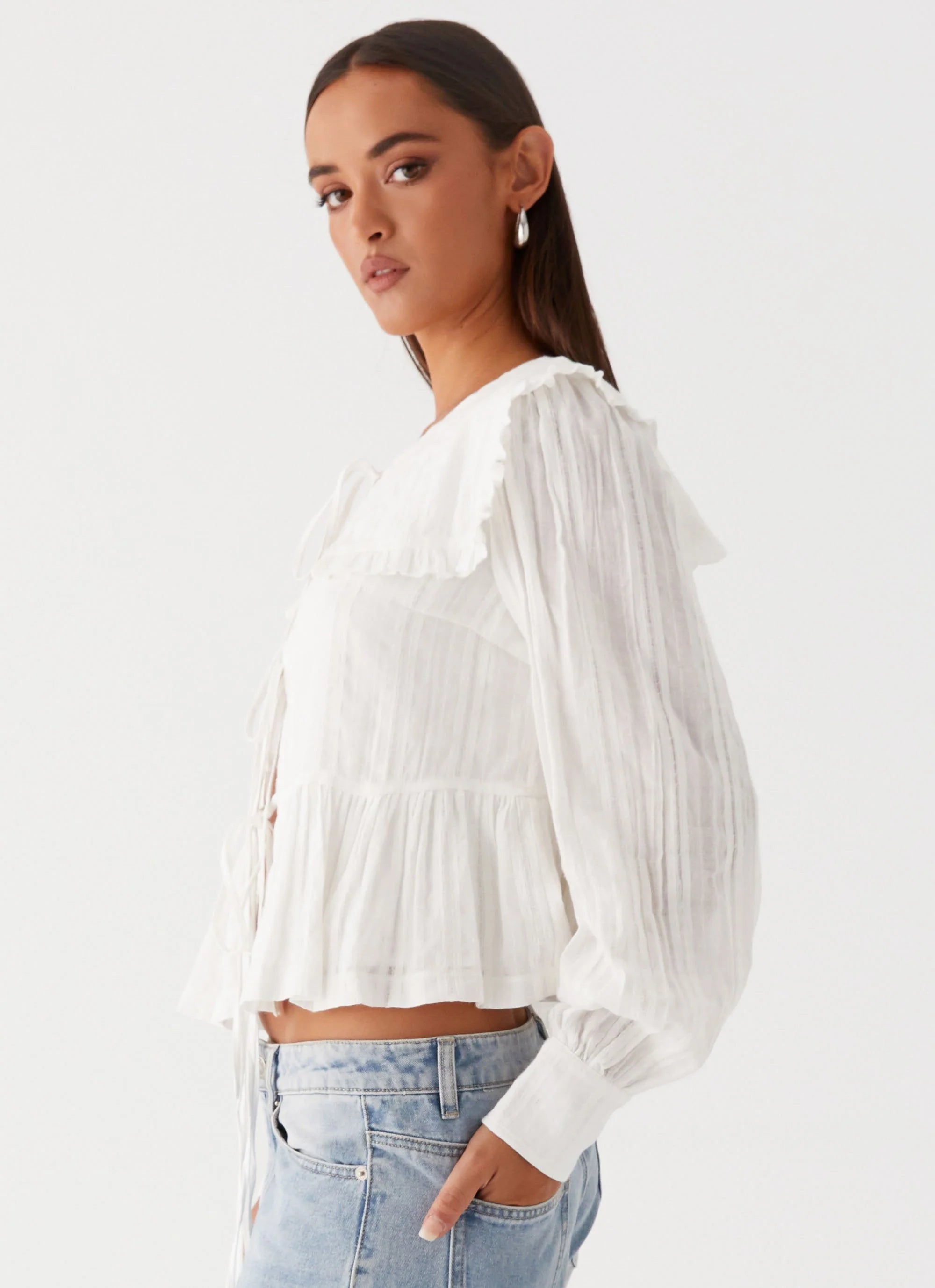 Emerson Tie Front Long Sleeve Top - White