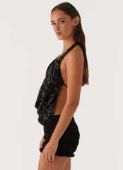 Gail Beaded Cowl Halterneck Top - Black