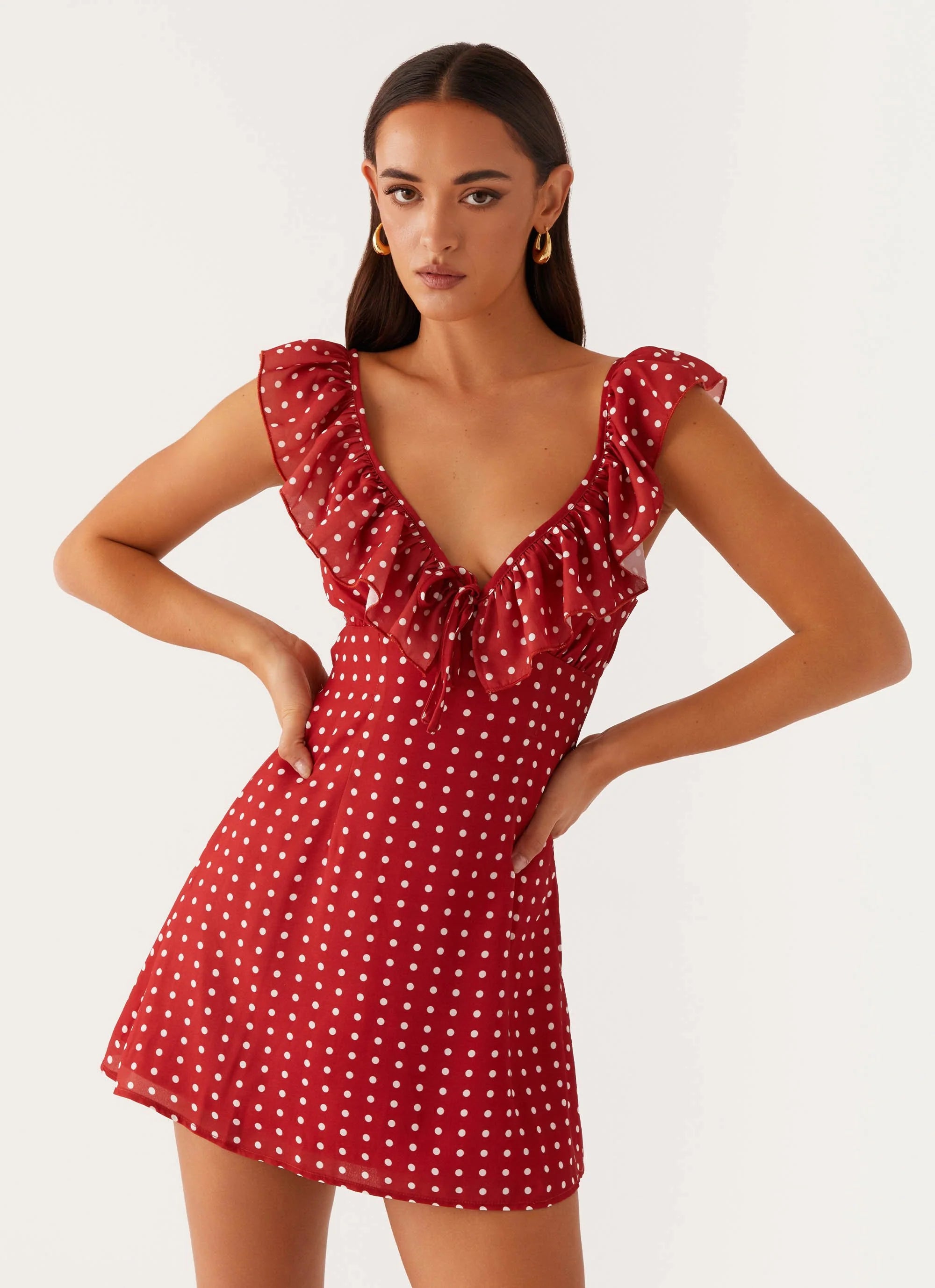 Adrina Ruffle Mini Dress - Red Polka Dot