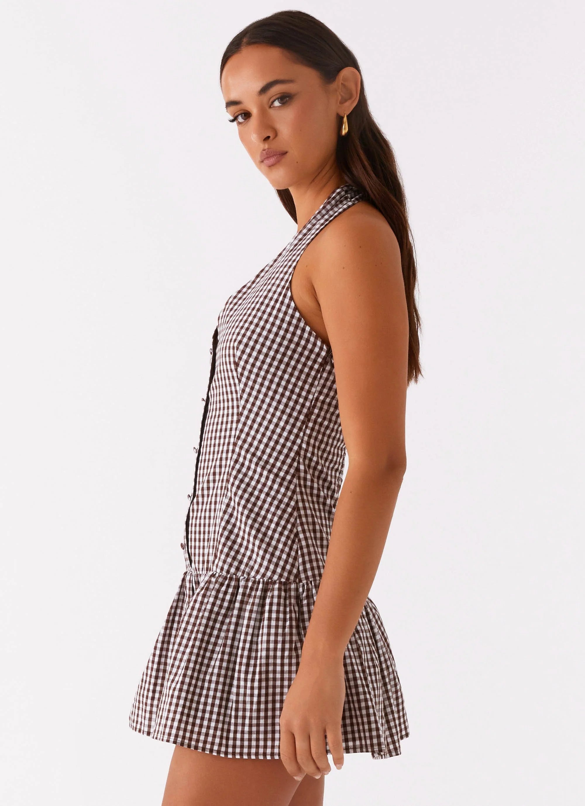 New Look Shirred Halter Mini Dress - Chocolate Gingham