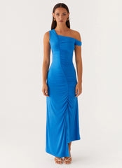 Anaya Ruched Asymmetrical Maxi Dress - Azure