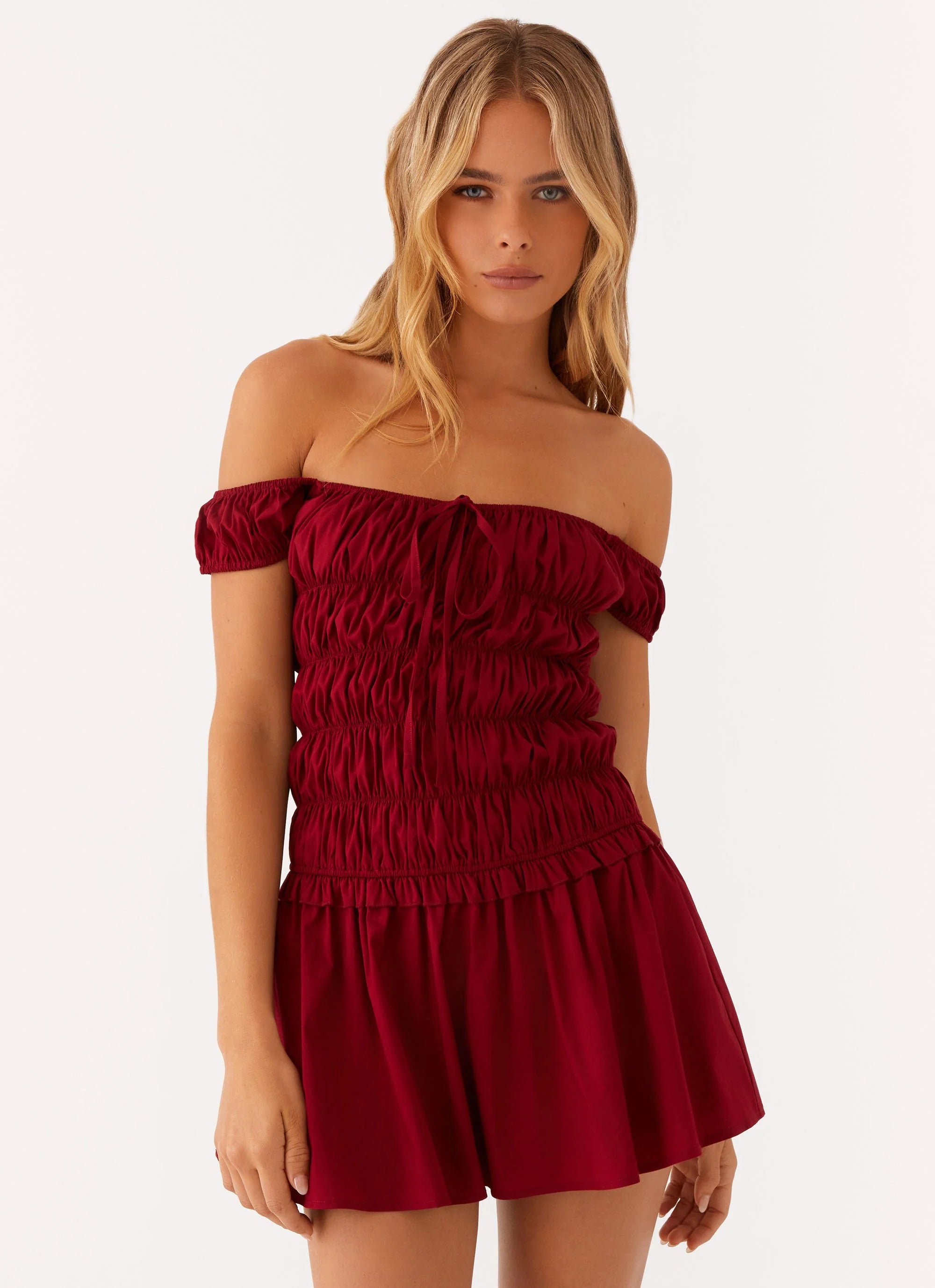 Countryside Off Shoulder Mini Dress - Deep Red