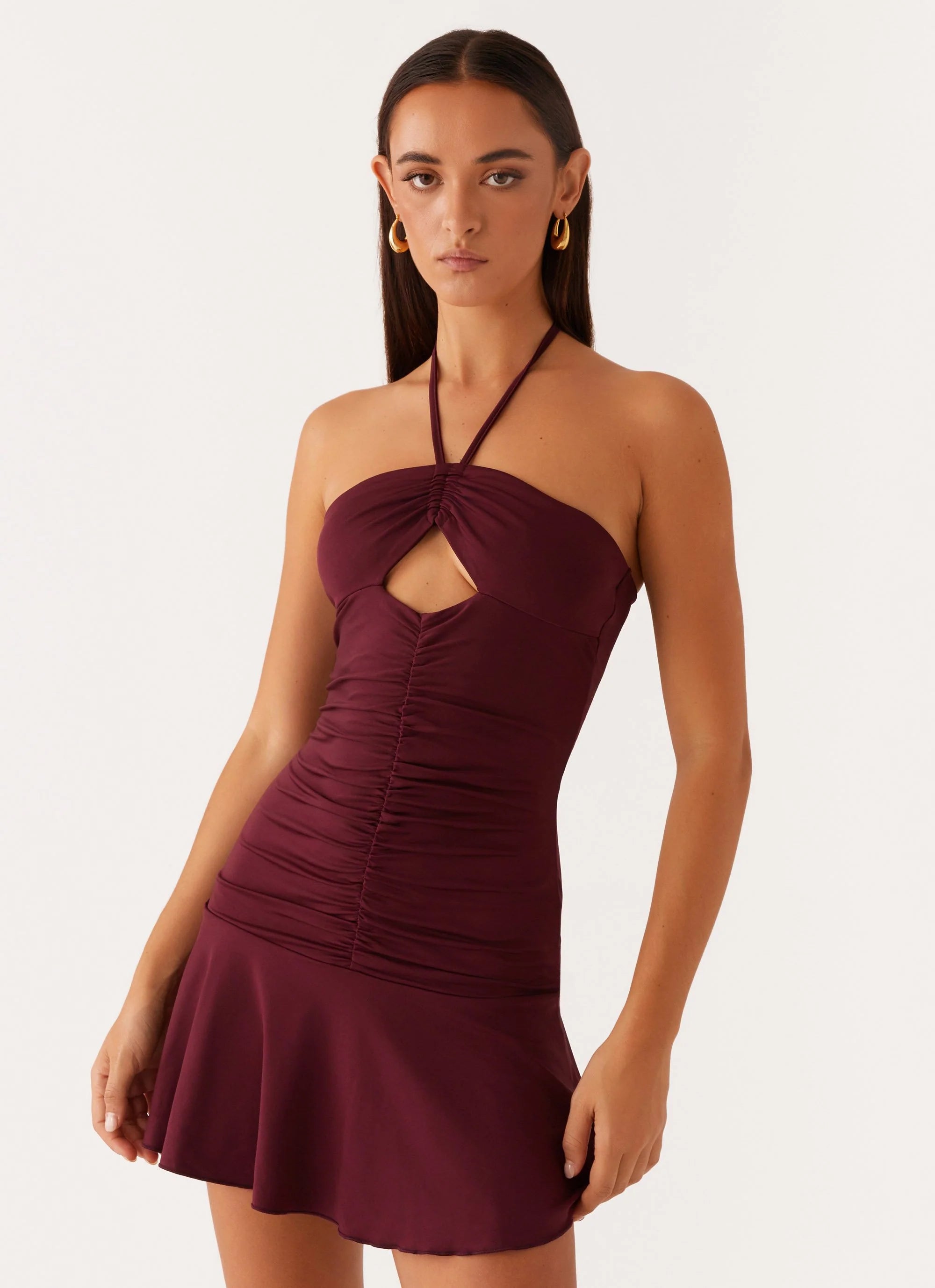 Katrina Halterneck Mini Dress - Deep Maroon