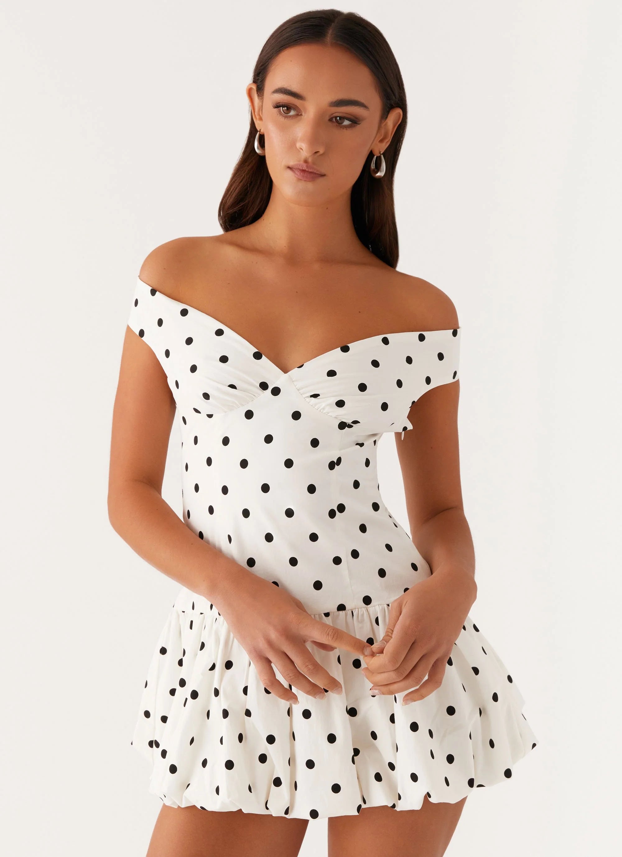 Endless Romance Off Shoulder Mini Dress - White Polka Dot