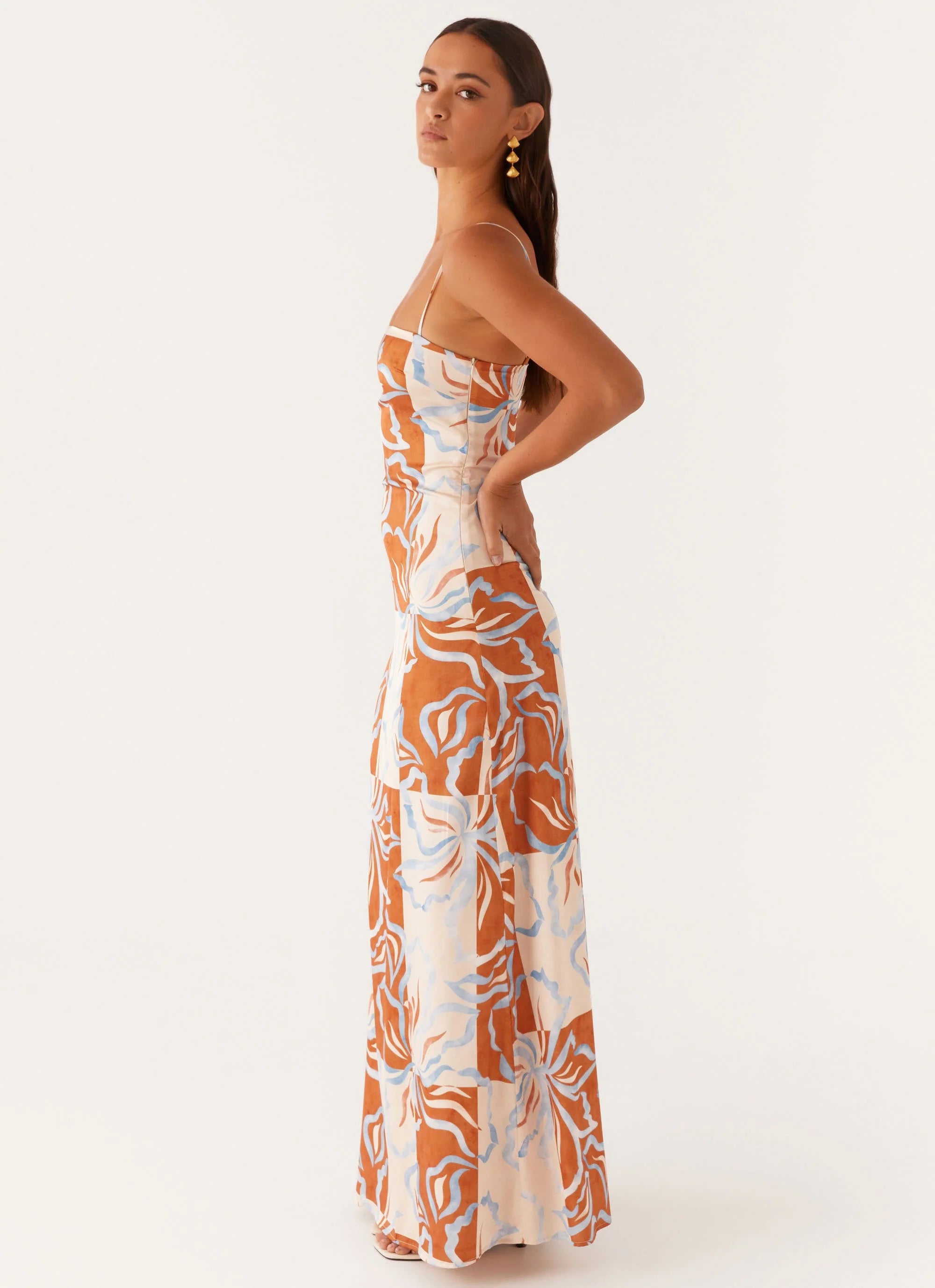 Aster Bloom Maxi Dress - Orange Blue Floral