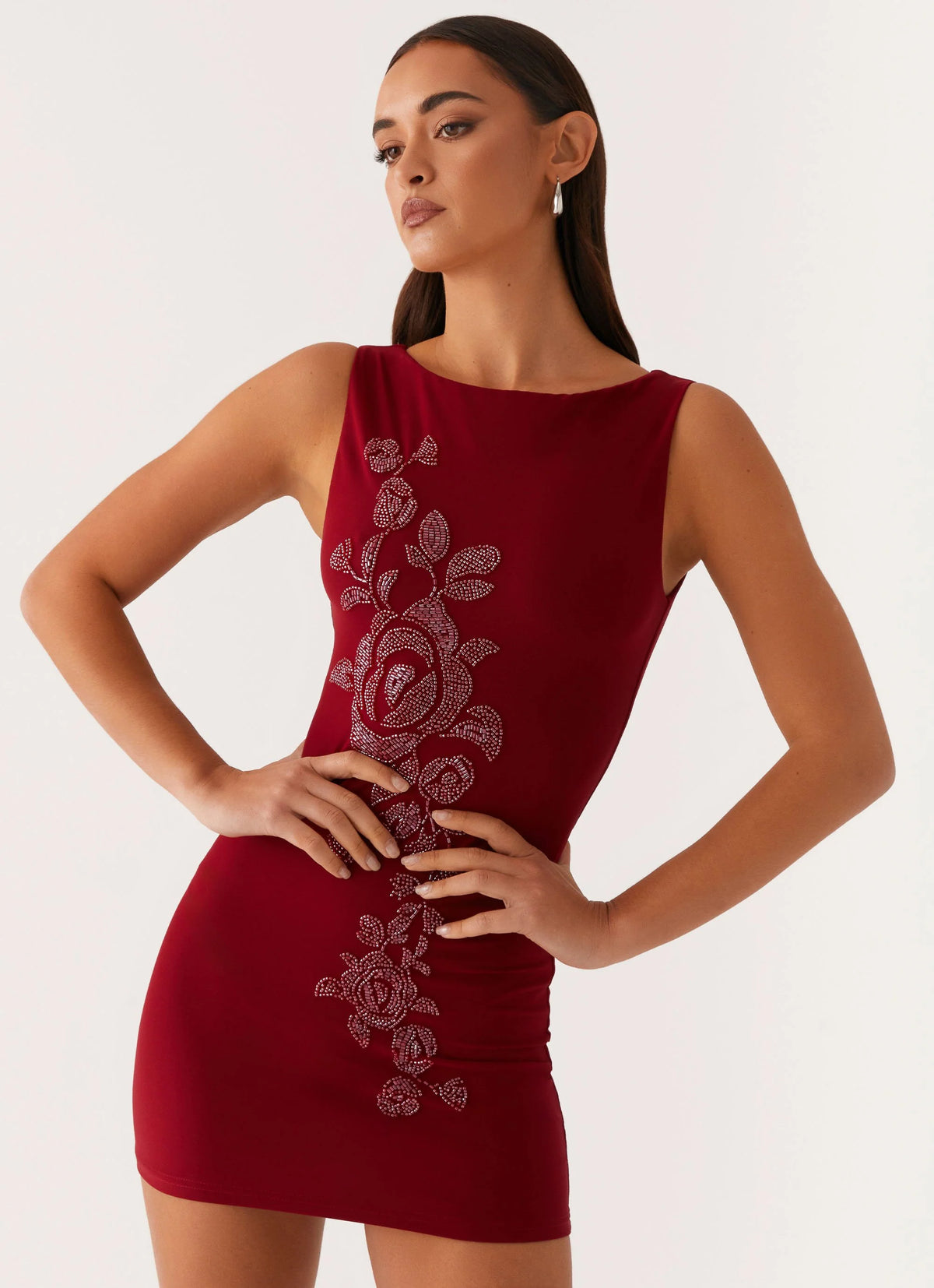 Matteo Beaded Mesh Mini Dress - Deep Red