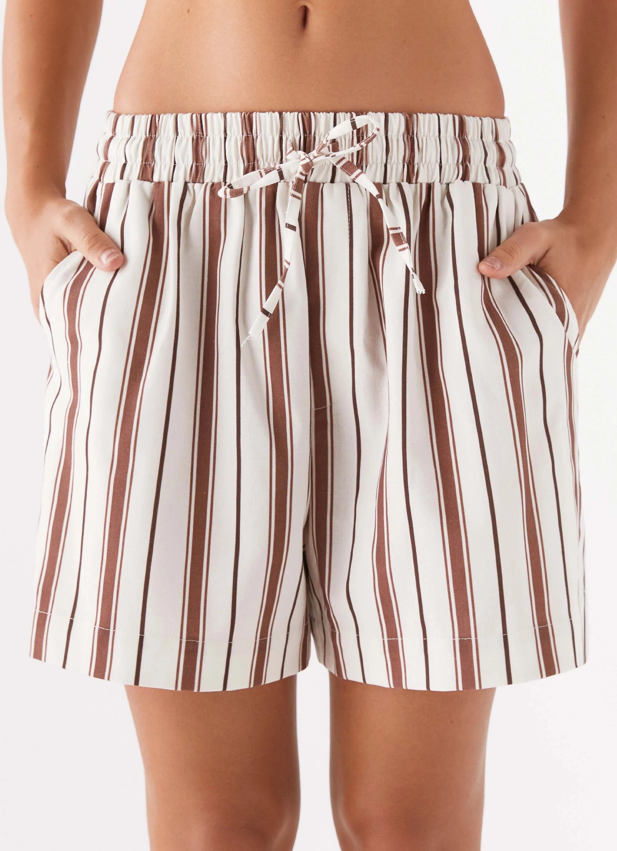 Kristen Linen Drawstring Shorts - Brown Stripe