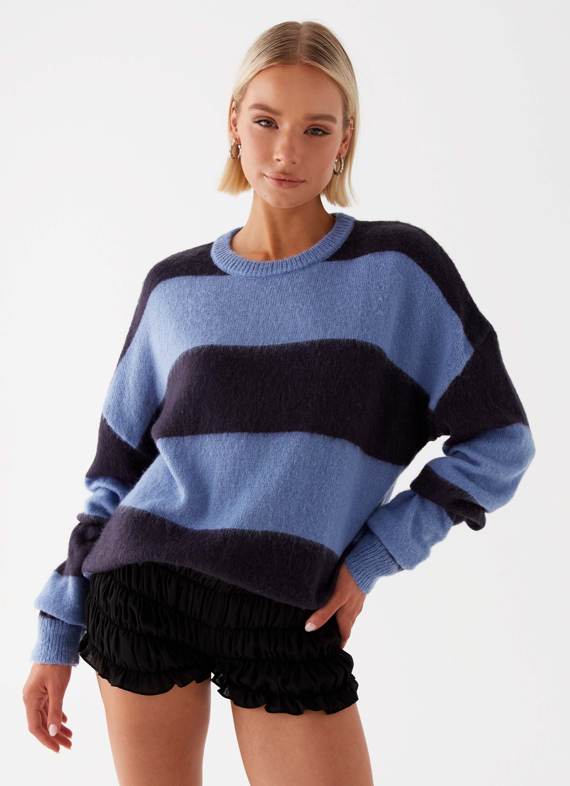 Nikita Fuzzy Knit Sweater - Blue Black Stripe