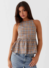 Tanith Ruffle Top - Brown Check