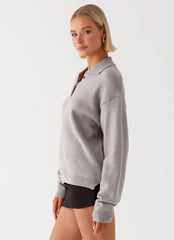 Jaden Knit Polo Top - Grey Marl