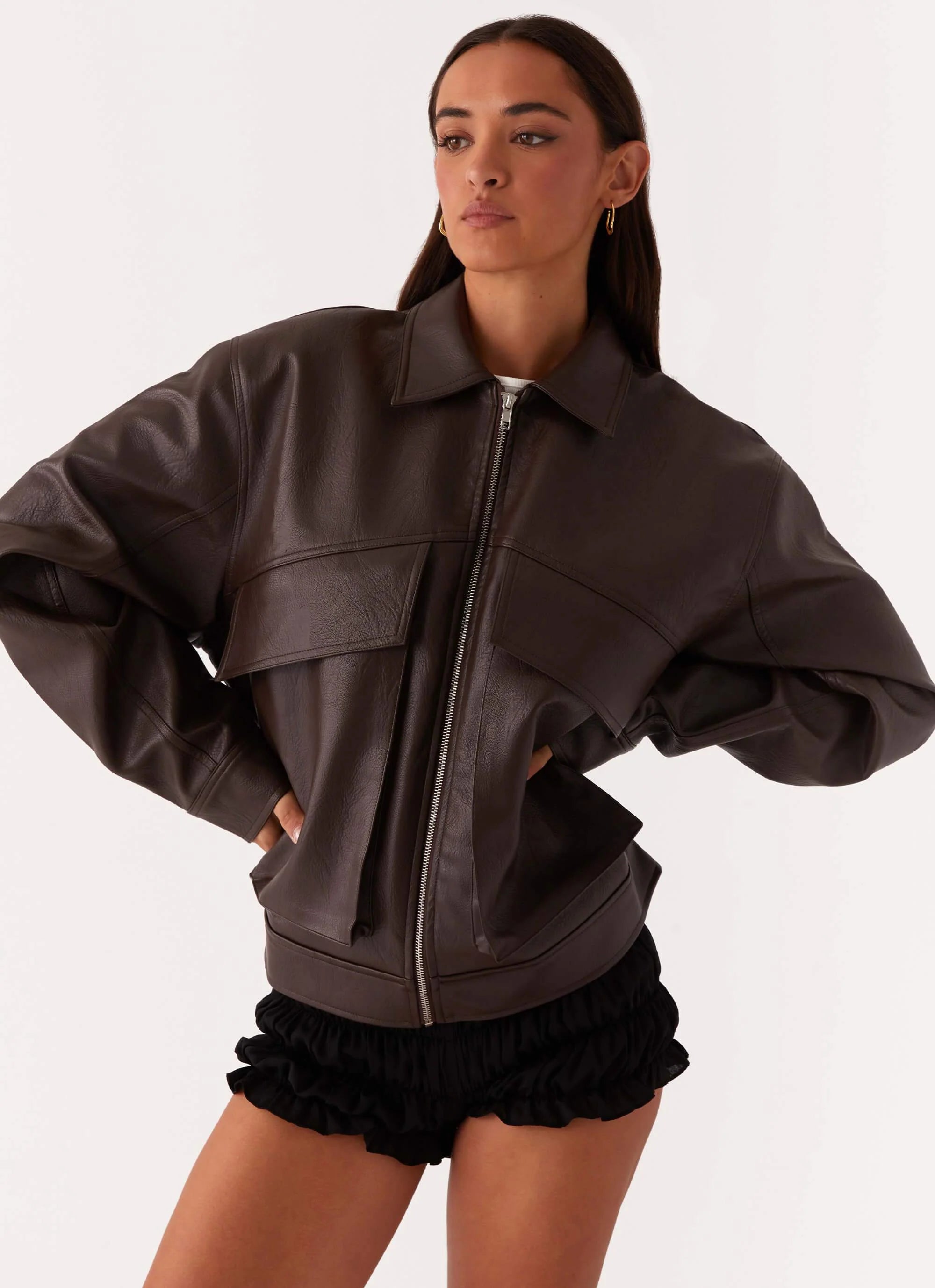 Lula Faux Leather Bomber Jacket - Chocolate