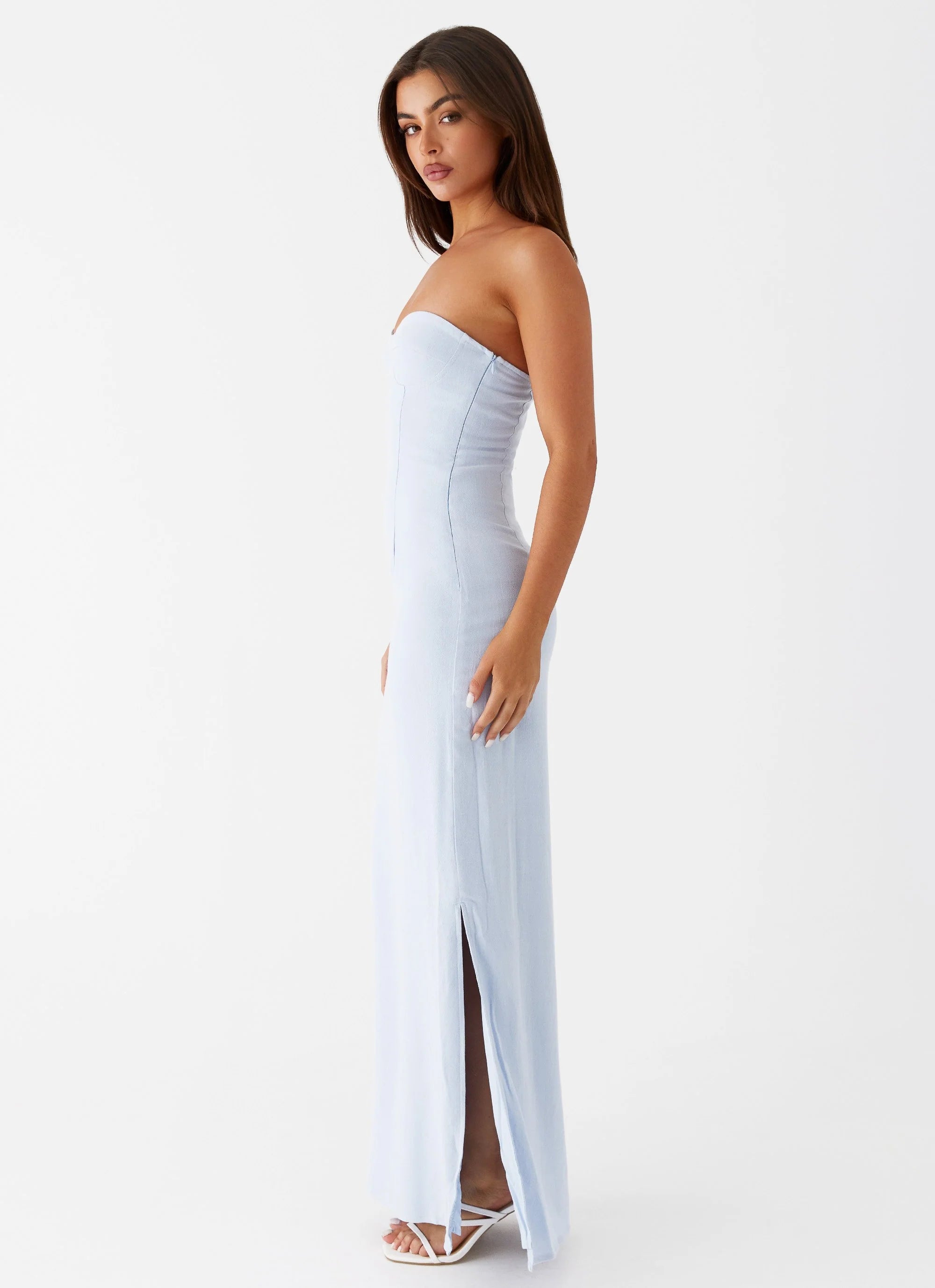 Esra Linen Strapless Maxi Dress - Blue