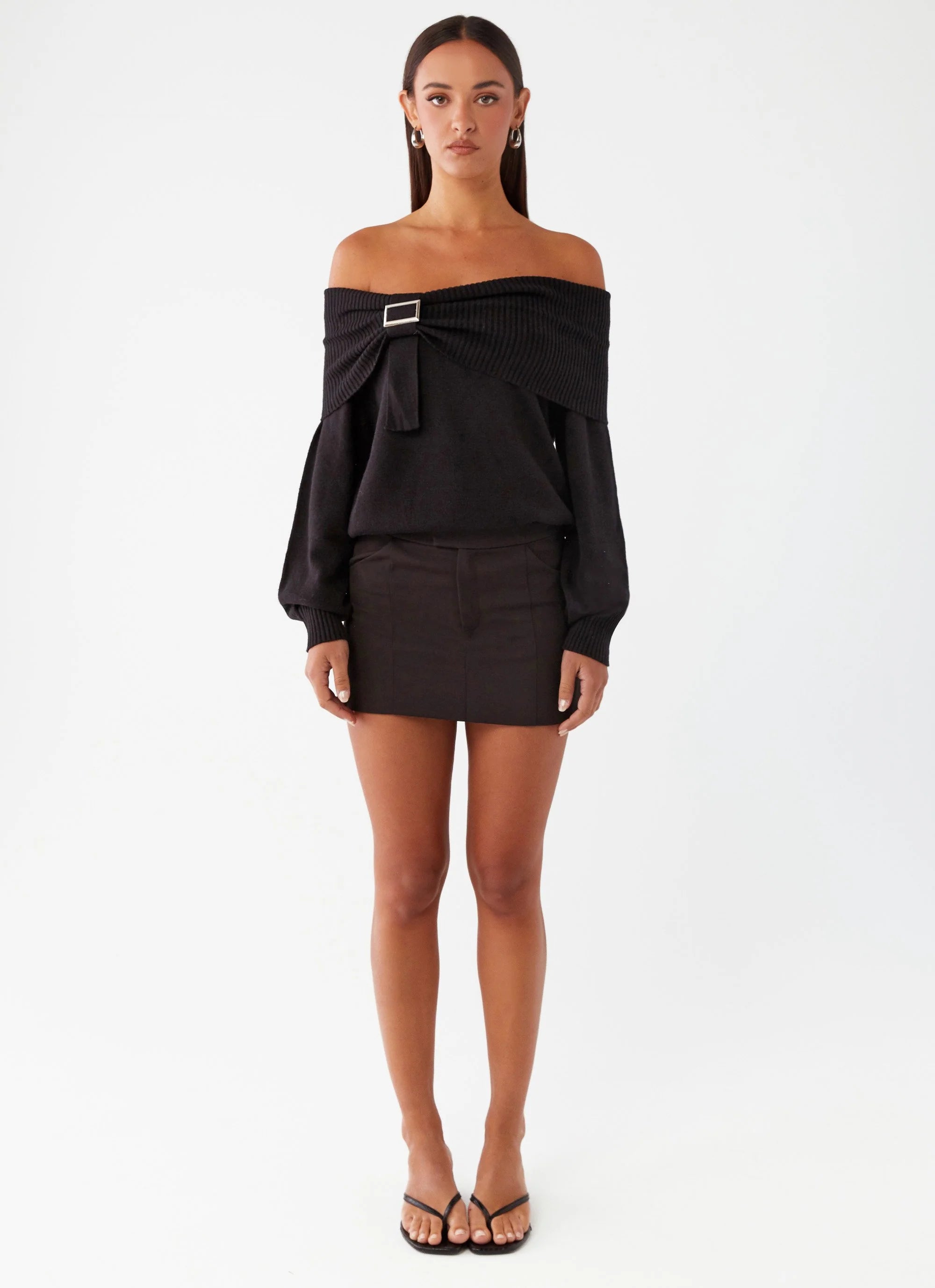 Buckle Up Oversized Bardot Knit Sweater - Black