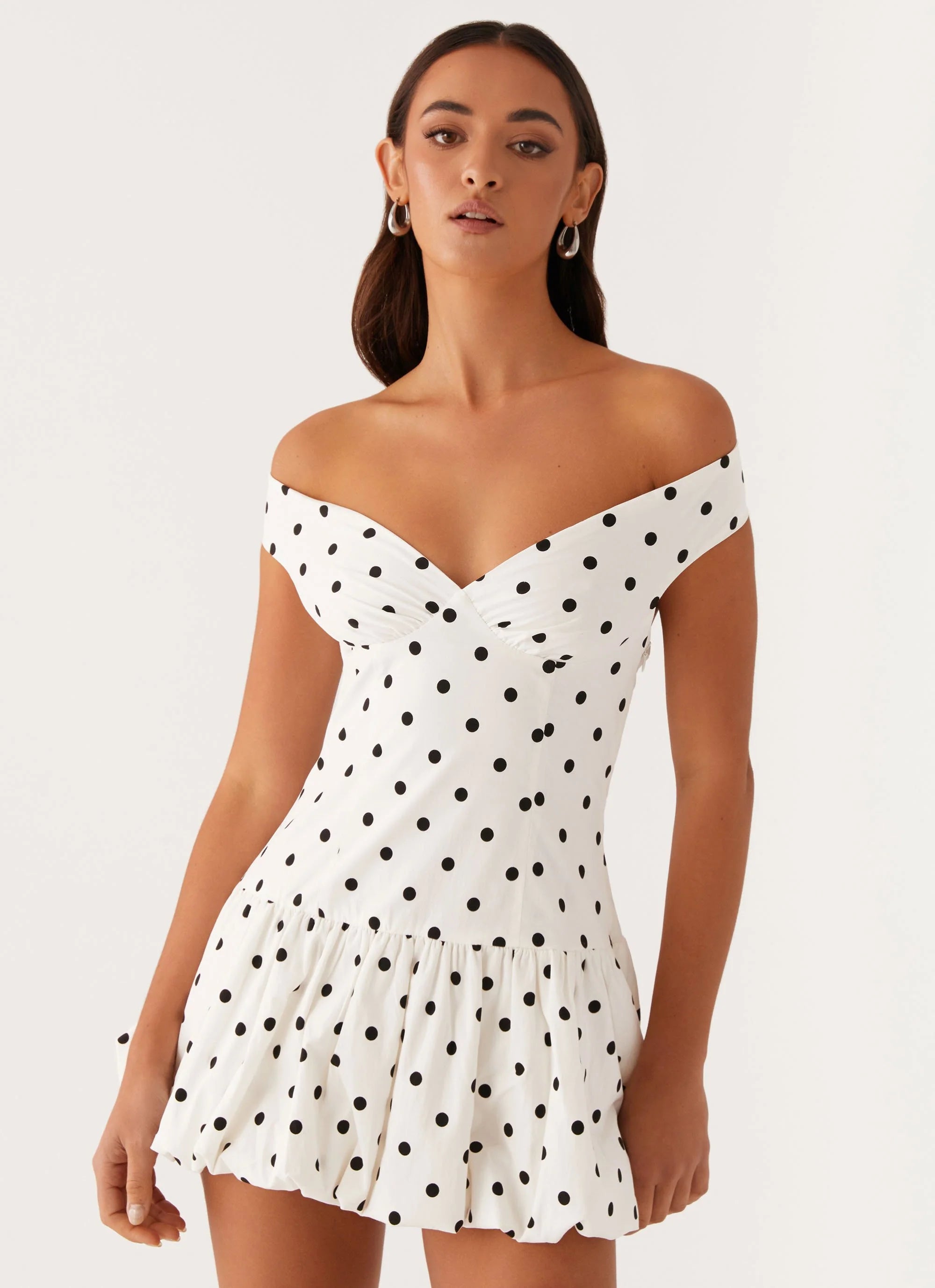 Endless Romance Off Shoulder Mini Dress - White Polka Dot