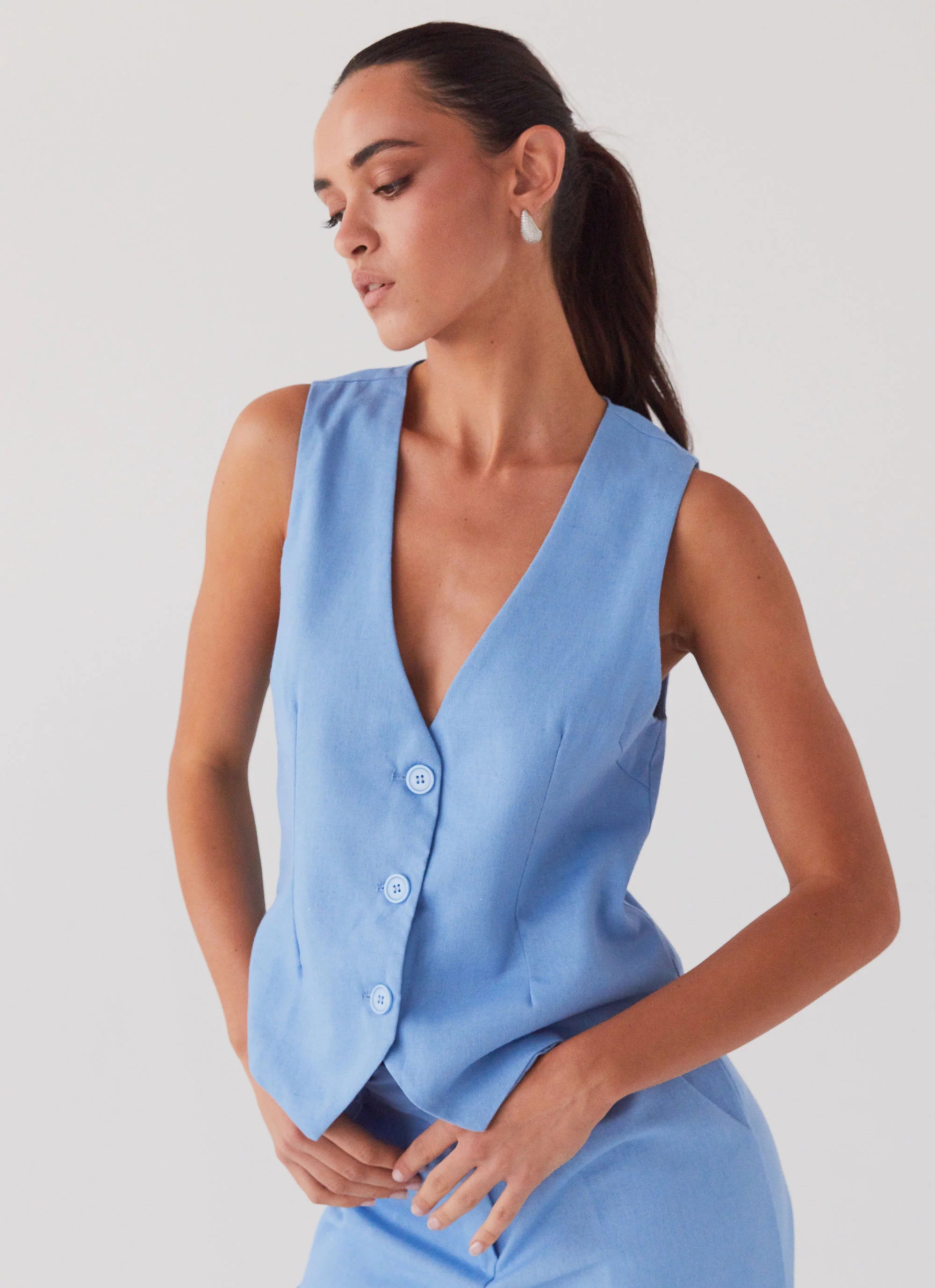 Cloud Dancer Linen Vest Top - Sea Breeze