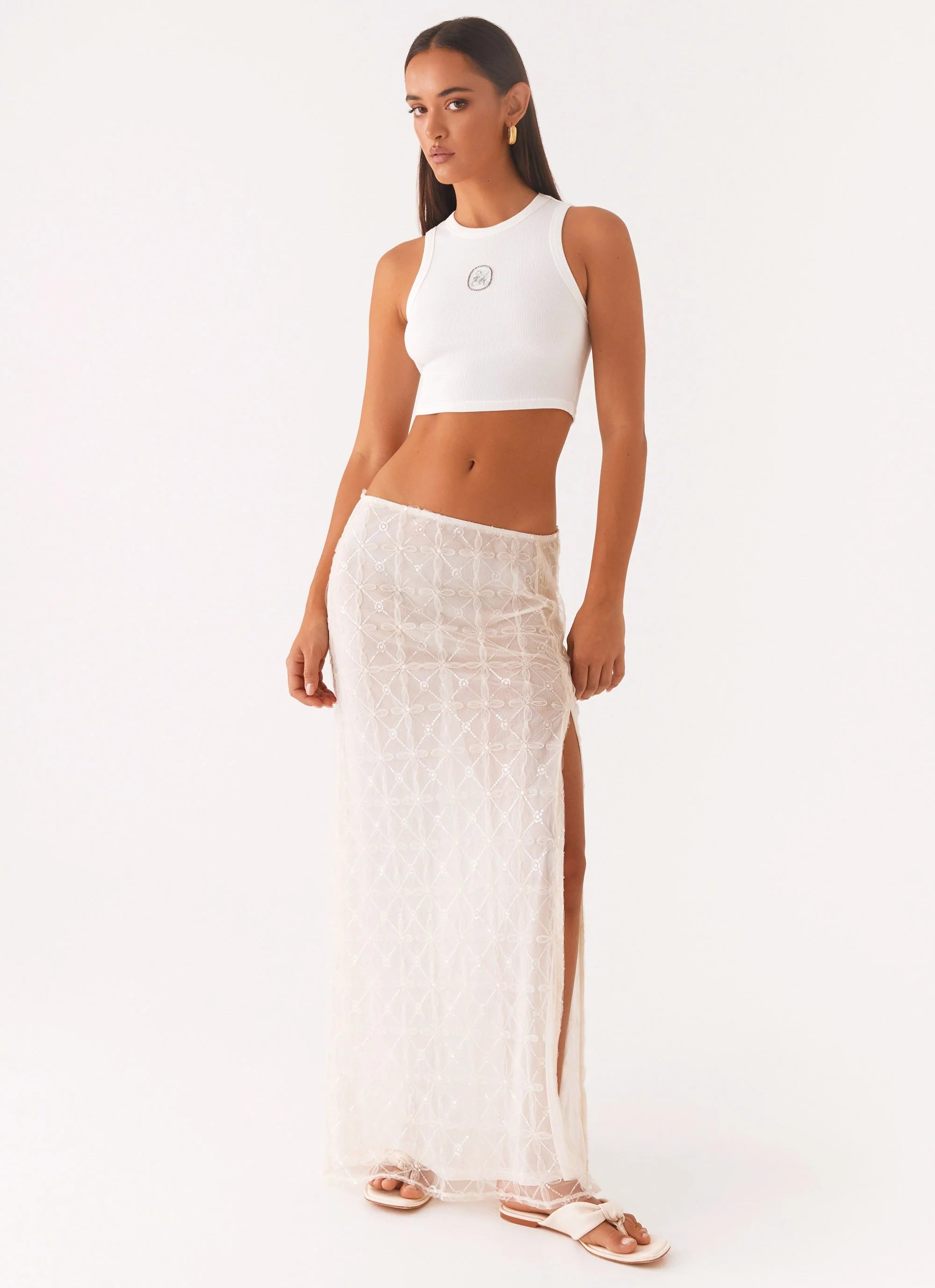 Opal Sequin Maxi Skirt - White