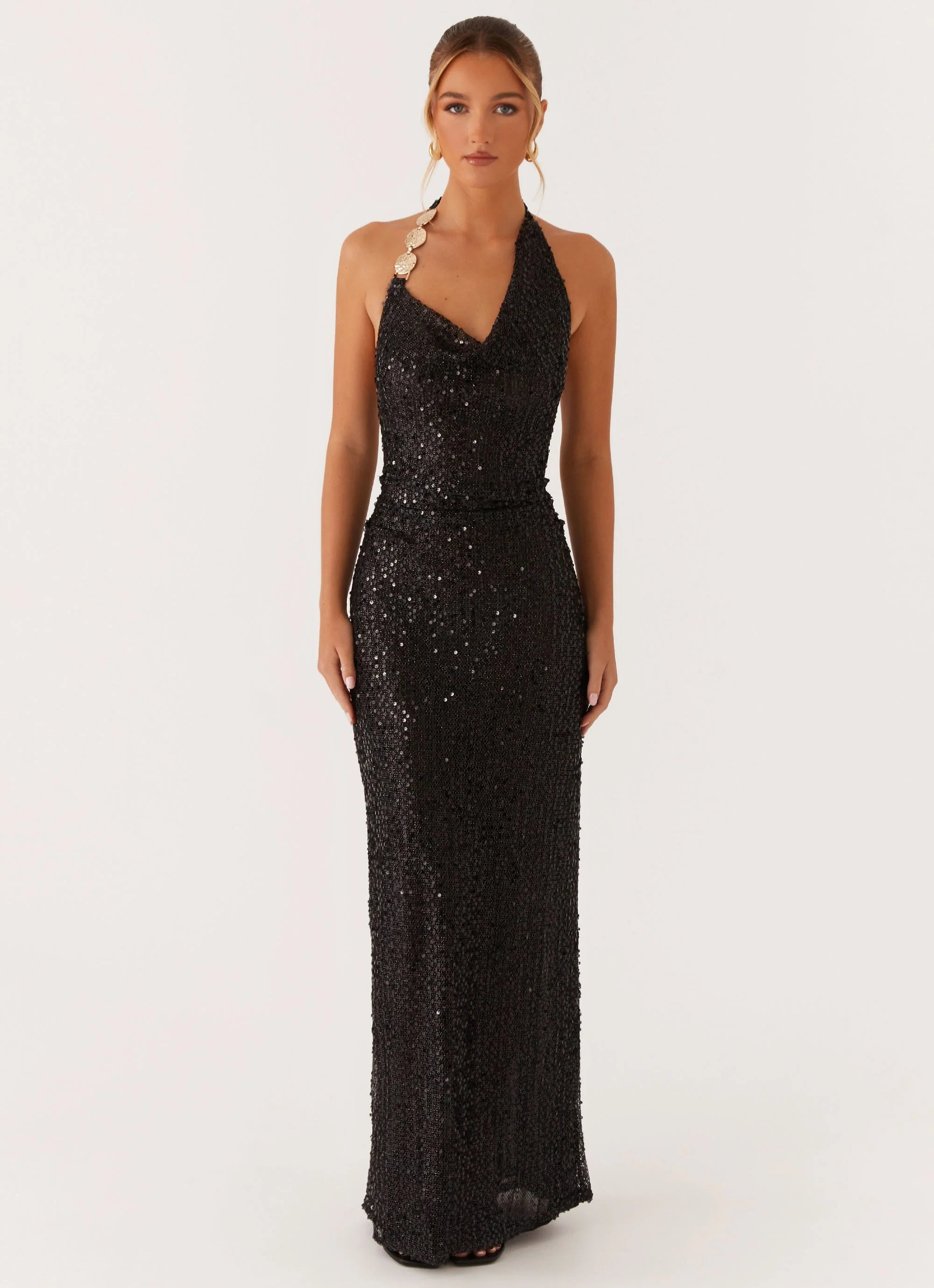 After Tonight Sequin Cowl Neck Maxi Dress - Black