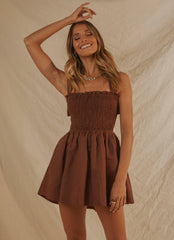 European Towns Linen Mini Dress - Choc Brown