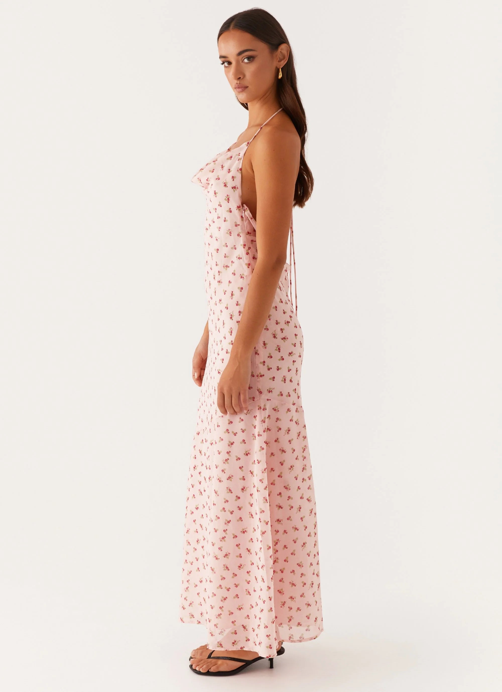 Alianna Cowl Neck Mesh Maxi Dress - Pink Flower