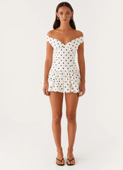 Endless Romance Off Shoulder Mini Dress - White Polka Dot