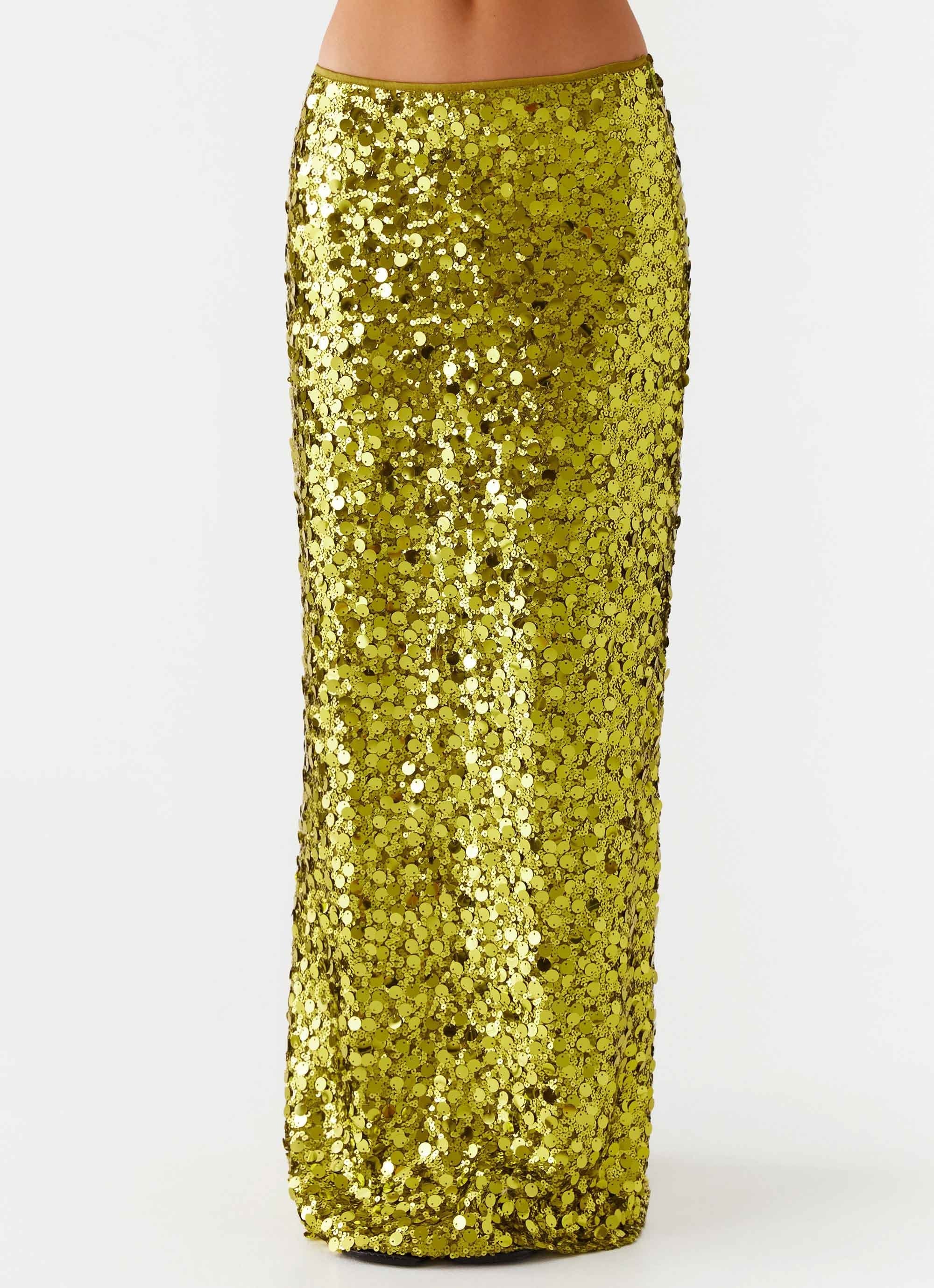 Perfect Places Low Rise Sequin Maxi Skirt - Olive