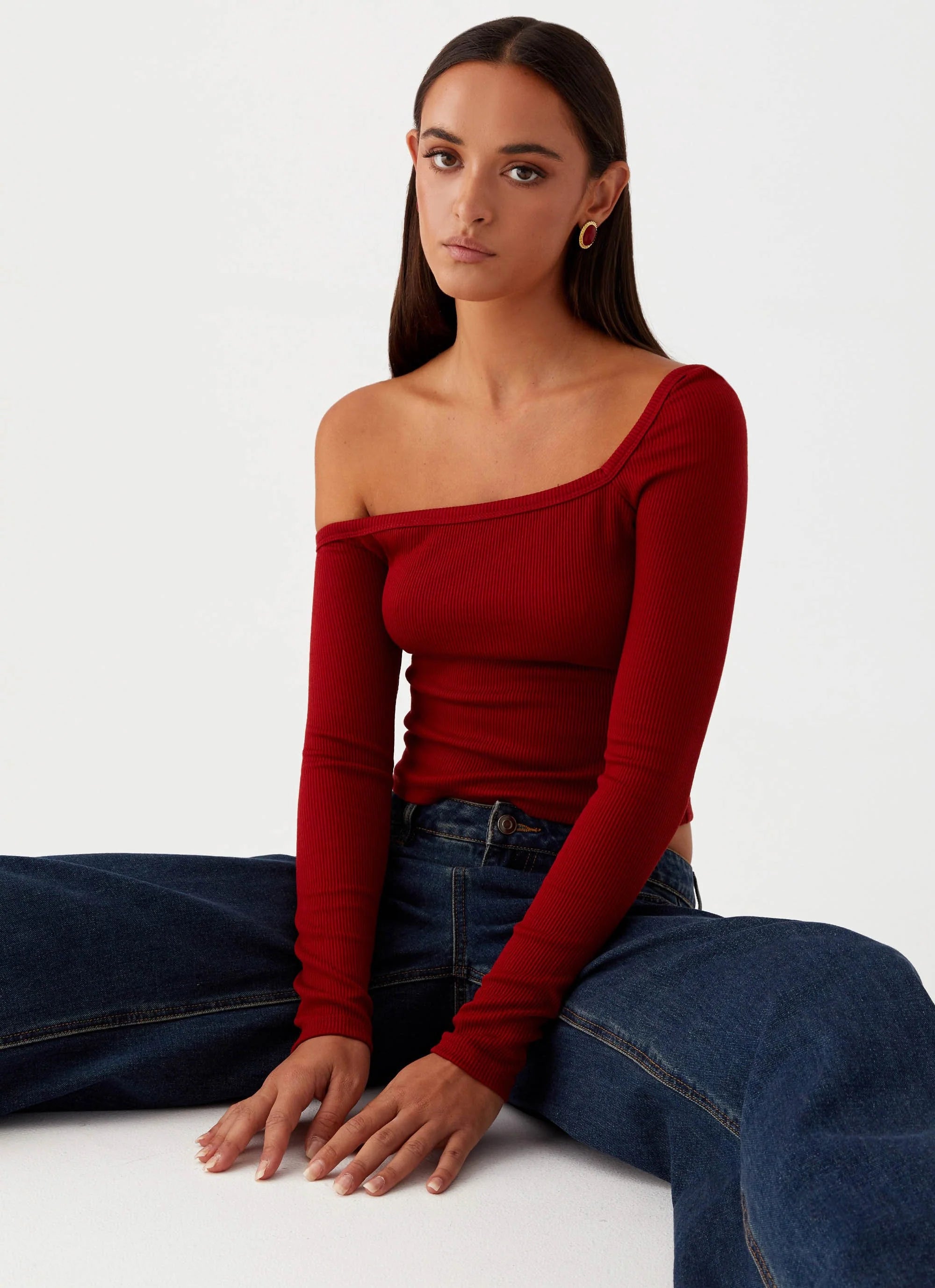 Talia Asymmetric Long Sleeve Top - Red