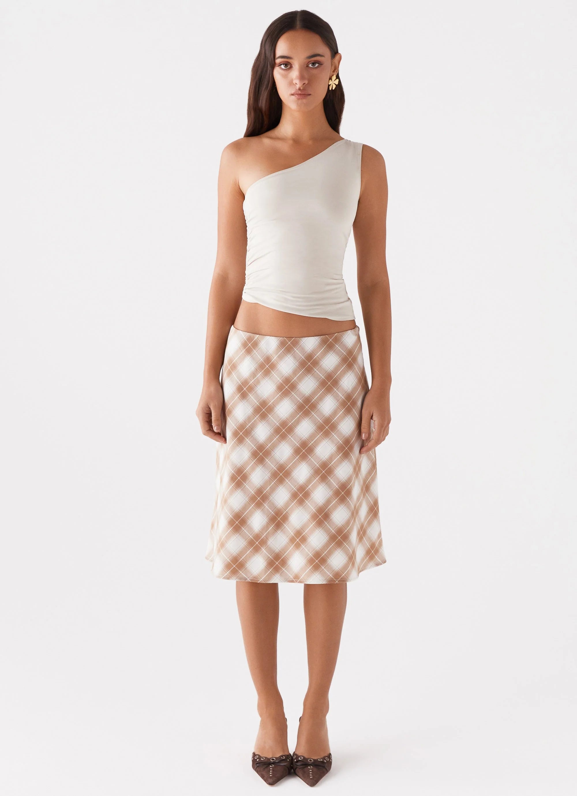 Andie Midi Skirt - Brown/White Plaid