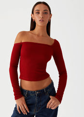 Talia Asymmetric Long Sleeve Top - Red