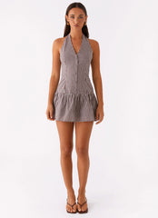 New Look Shirred Halter Mini Dress - Chocolate Gingham