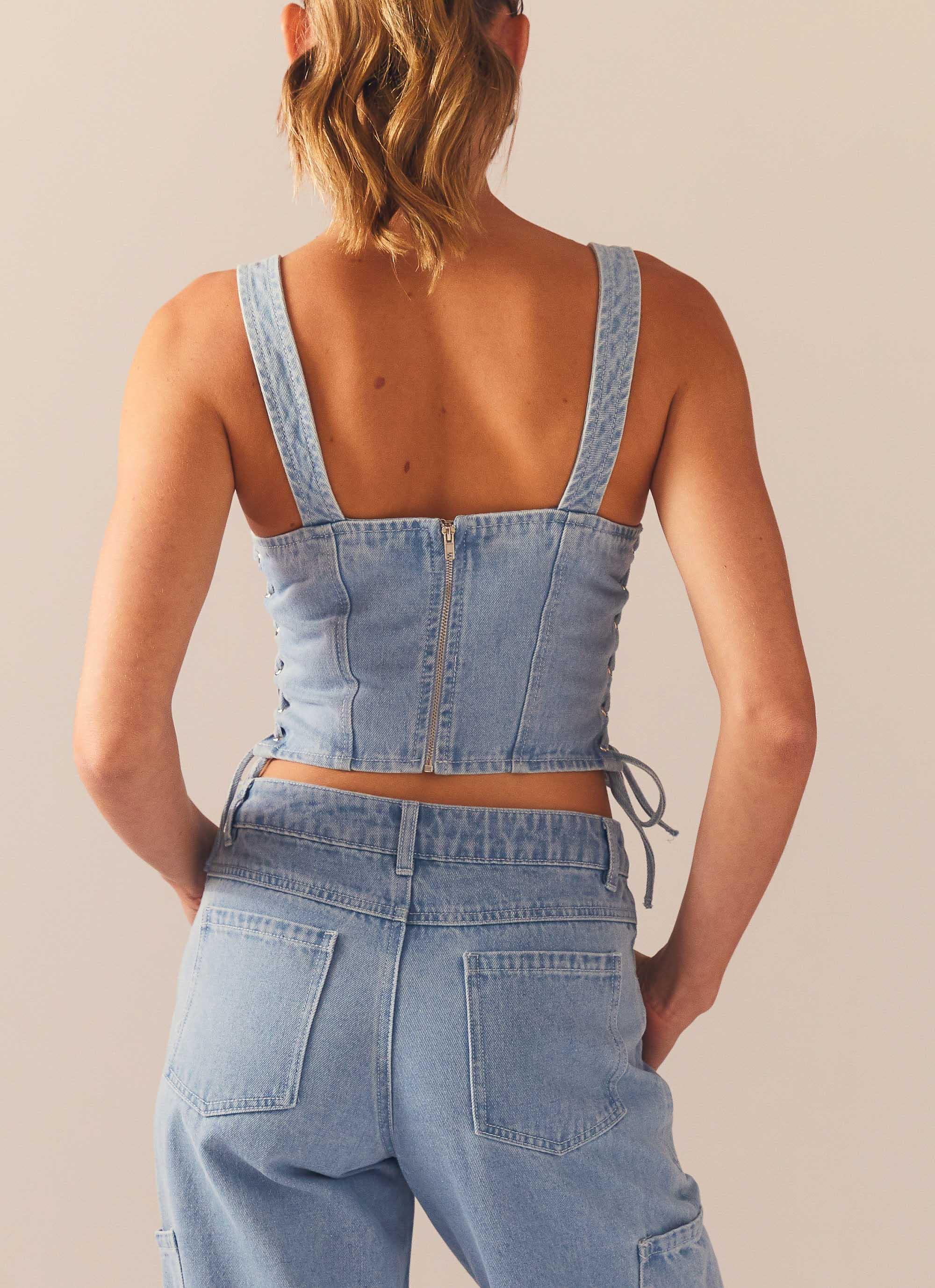 Giddy Up Denim Bustier Top - Subdued Blue