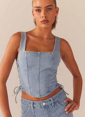 Giddy Up Denim Bustier Top - Subdued Blue