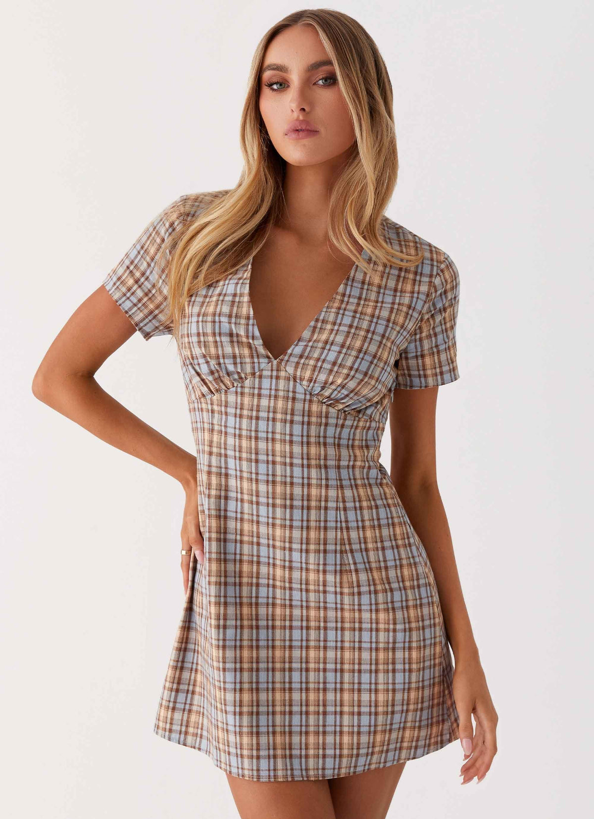 Niki Cap Sleeve Mini Dress - Check