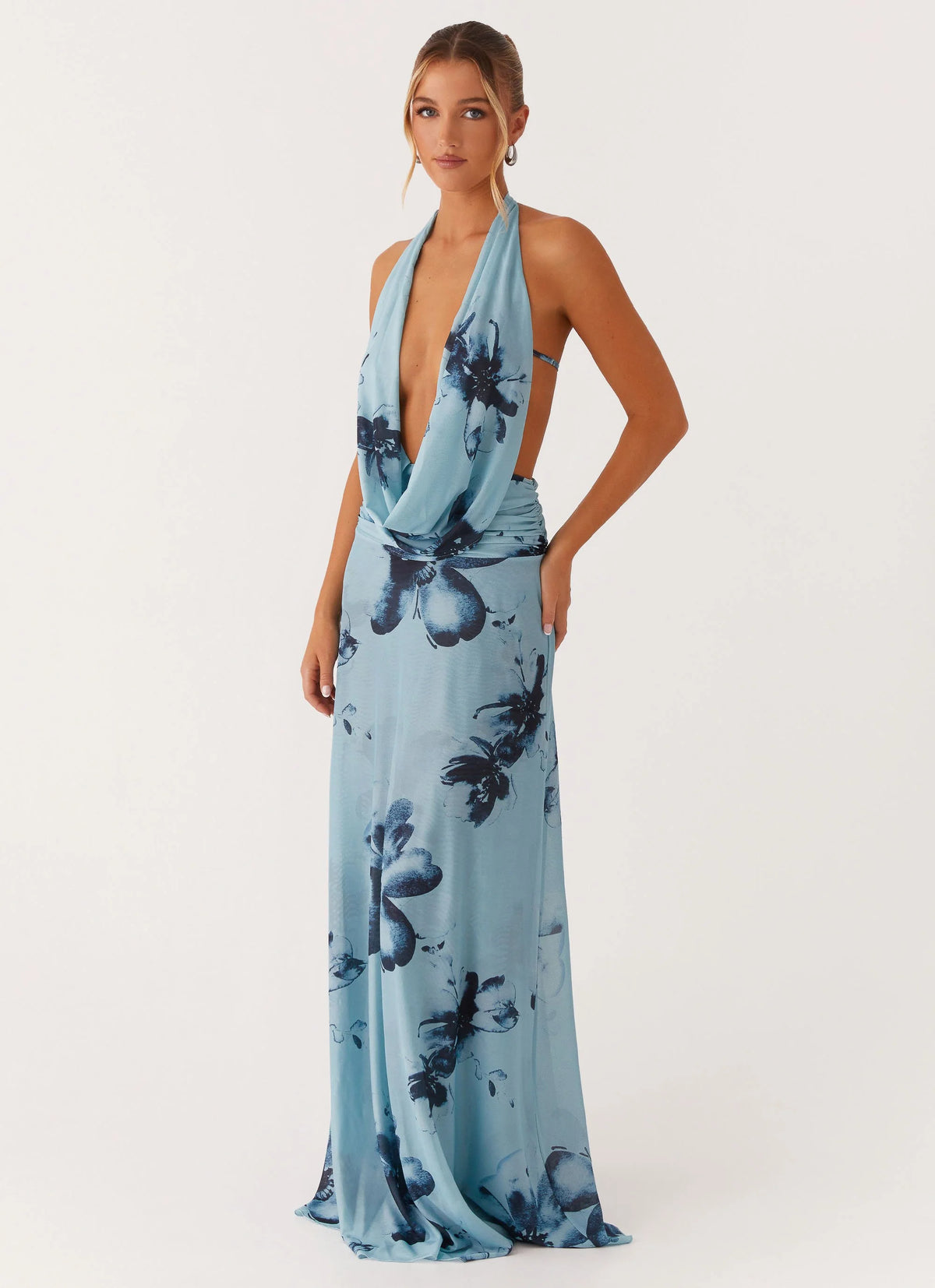 Elysia Mesh Maxi Dress - Blue Black Floral