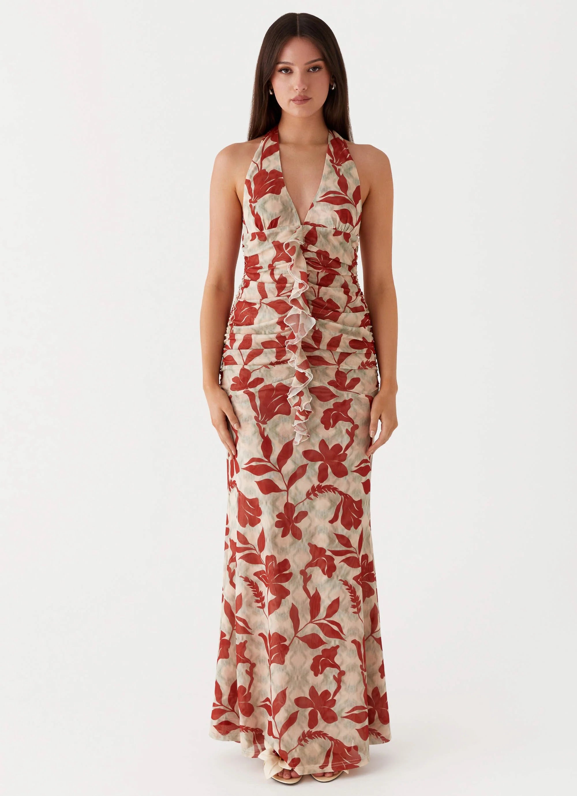 Ardenia Halter Maxi Dress - Red Green Floral