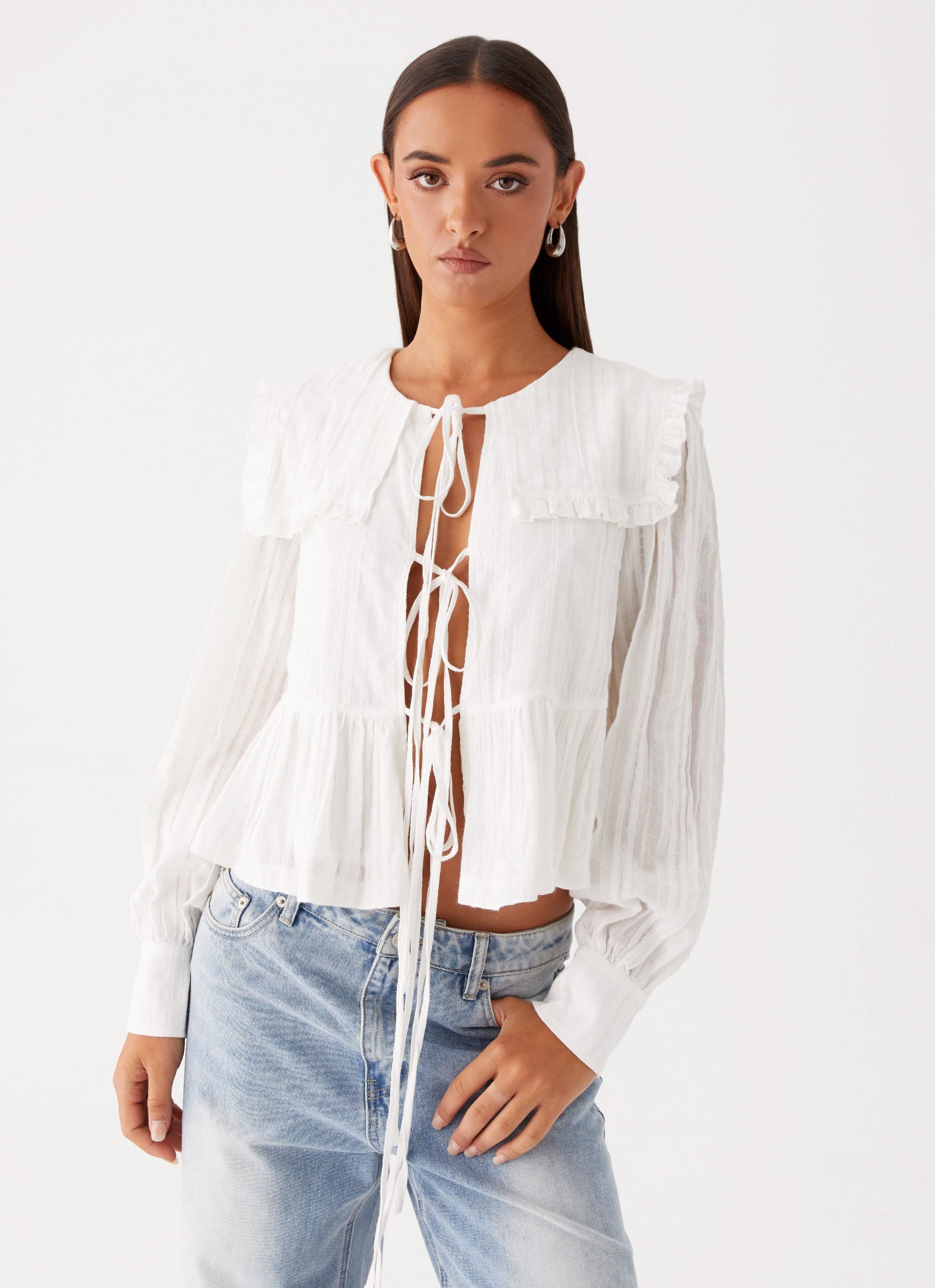 Emerson Tie Front Long Sleeve Top - White